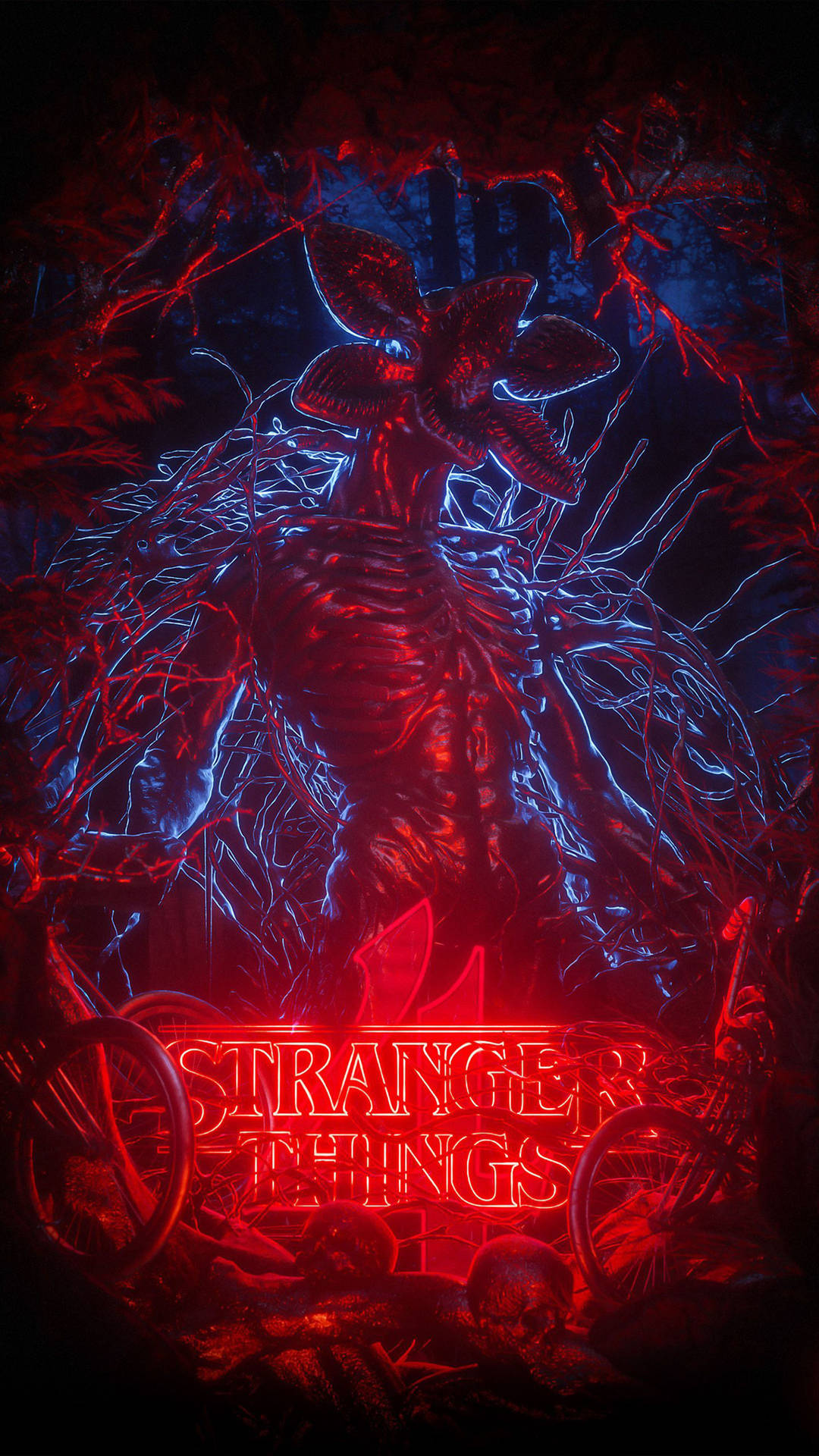 一個在黑暗森林中發光的紅色和藍色外星生物，帶有「Stranger Things」文字。 — 怪奇物語 壁紙