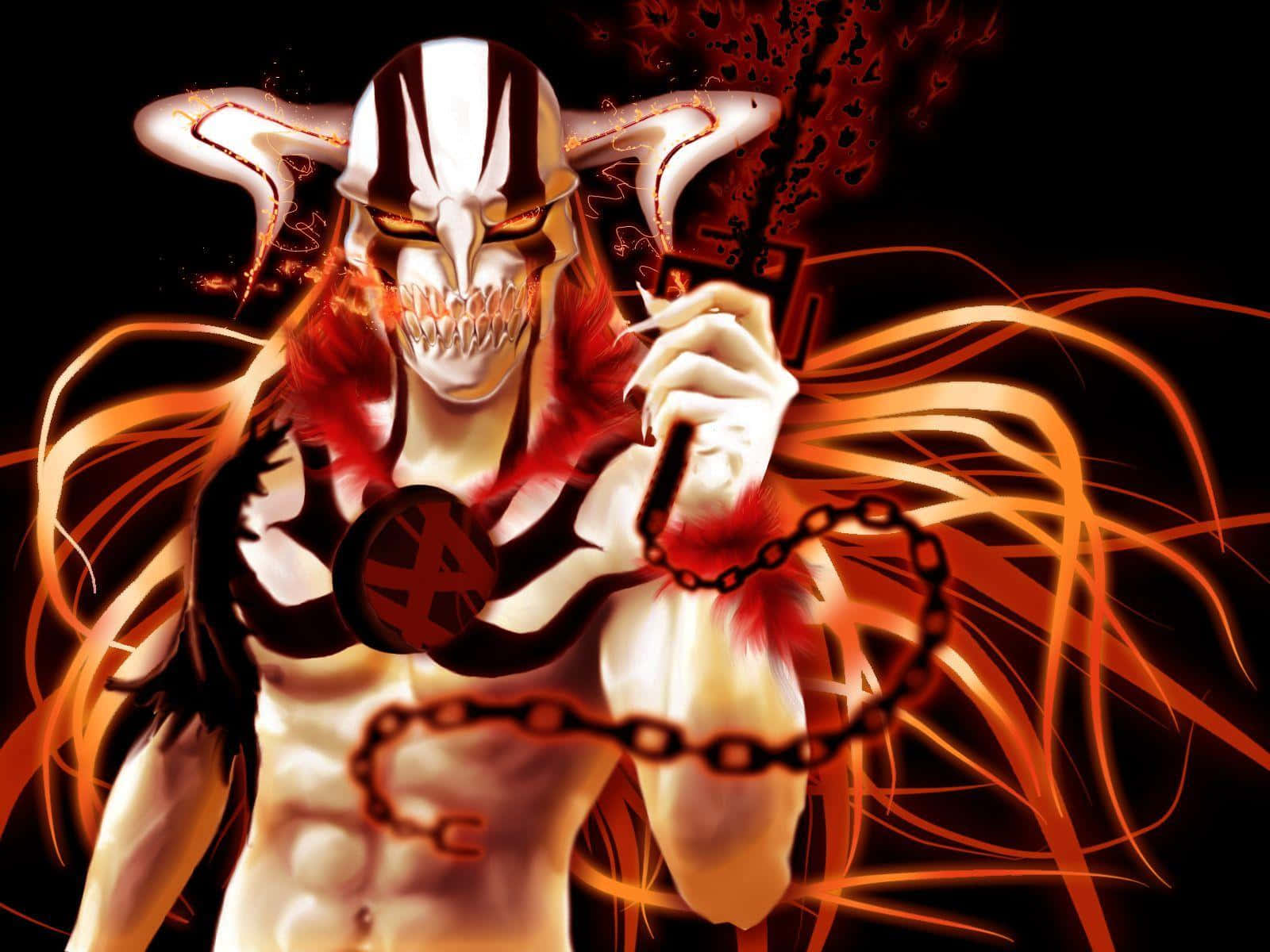 Ichigo Final Form 桌布 壁紙 — 一個帶有骷髏面具和發光眼睛的威脅性動漫戰士，在熾熱的橙色和黑色背景前揮舞著鎖鏈。