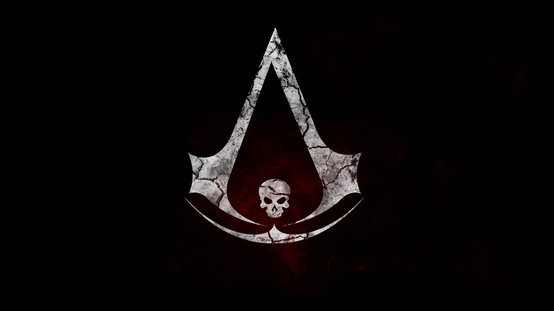 Gaming Logos 桌布 壁紙 — 一個帶有骷髏頭的破裂白色刺客徽章在深紅色和黑色紋理背景上發光。