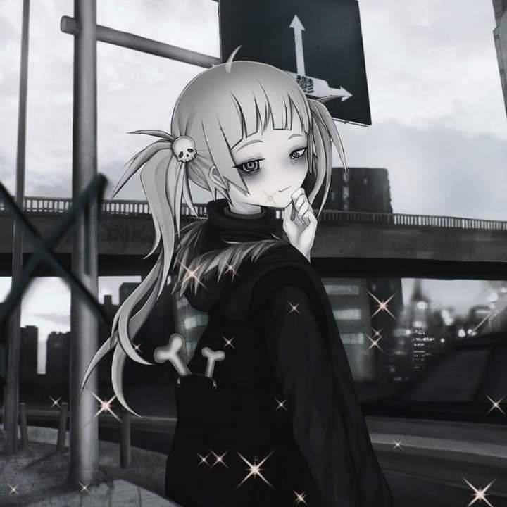 灰色城市景觀中，帶有骷髏髮夾的動漫女孩，伴隨著閃爍的星星。 — Emo 美學 GIF 壁紙