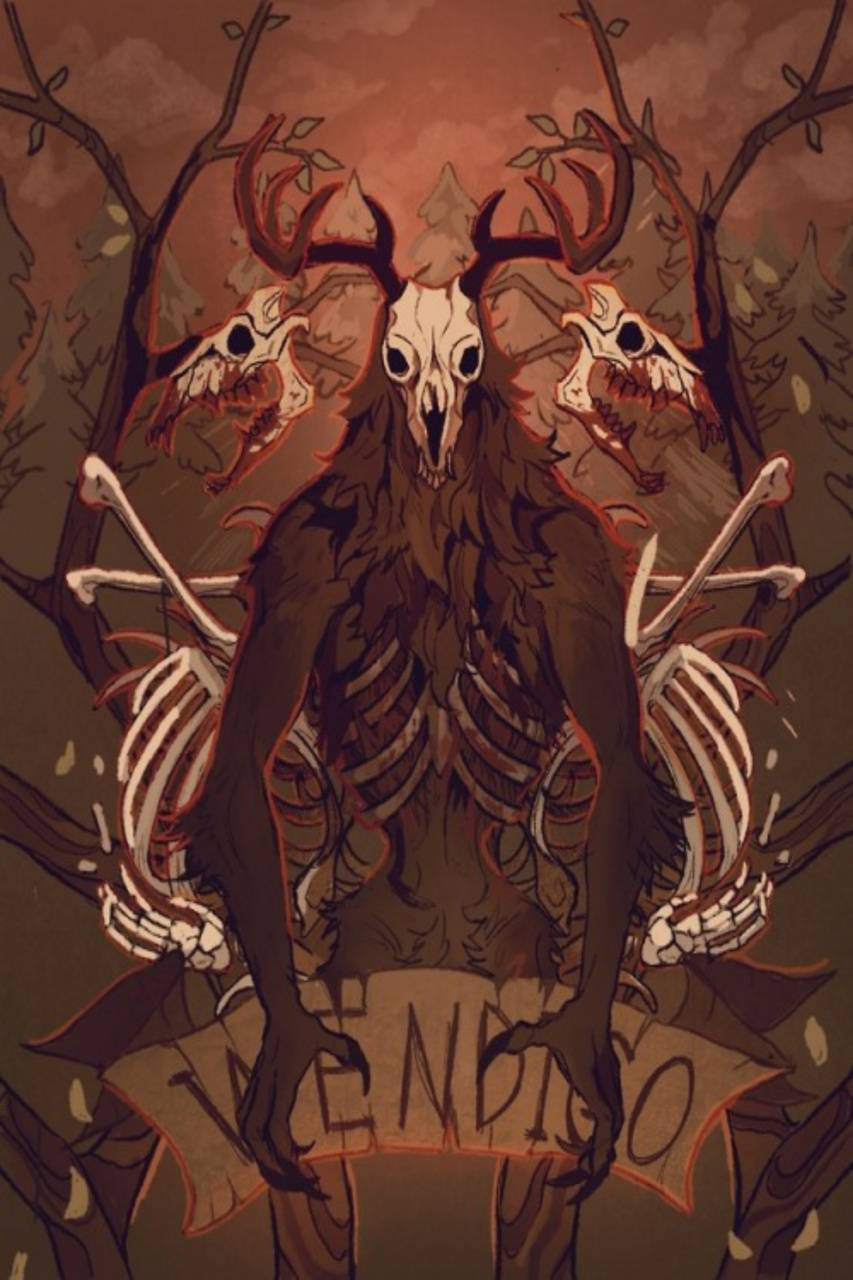 Wendigo 桌布 壁紙 — 一個帶有骷髏鹿頭和暴露肋骨的威脅性復仇森林精靈，站在血橙色天空下的裸樹之間。