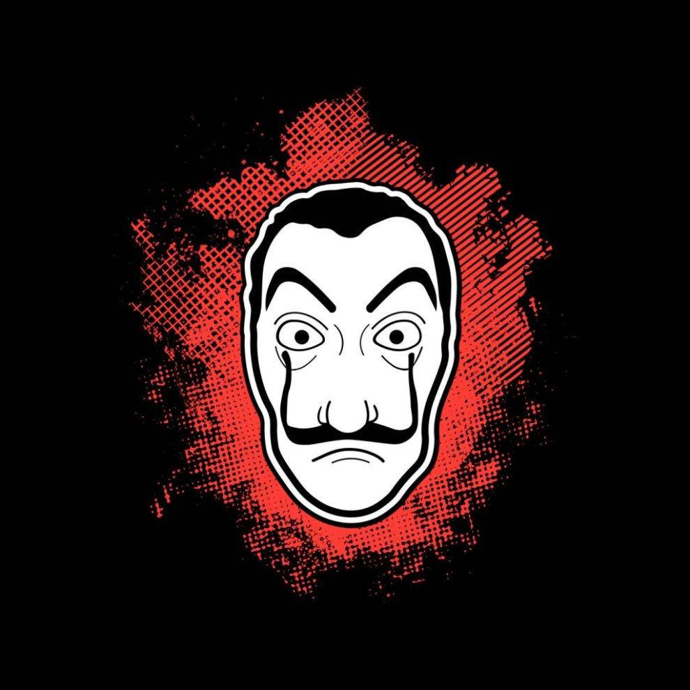 Money Heist Mask 桌布 壁紙 — 一個帶有鬍鬚和淚痕的鮮明白色風格化面孔，從黑色背景上的紋理紅色飛濺中浮現。