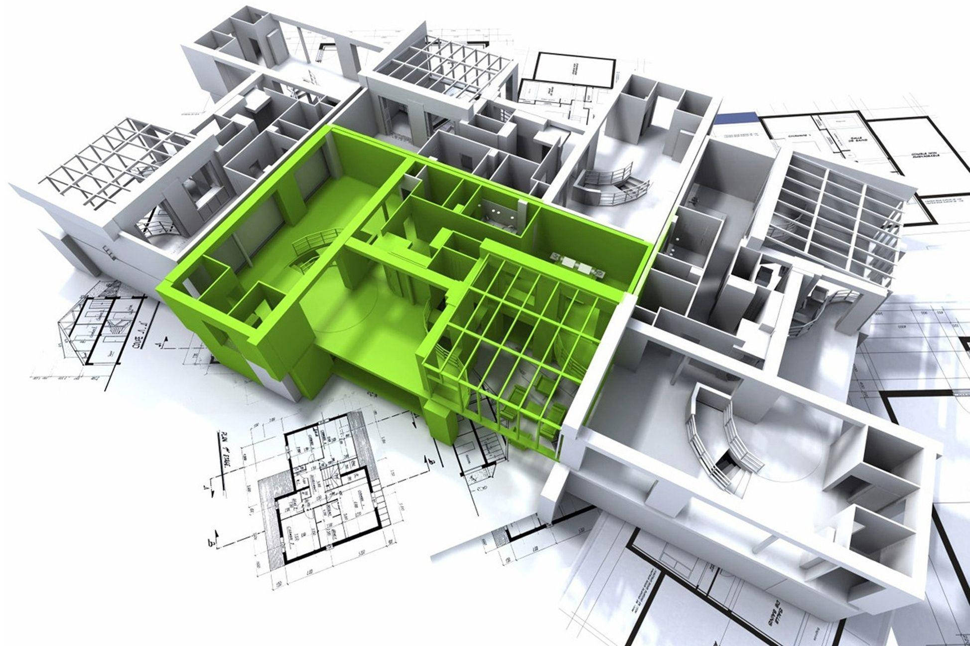 建築 桌布 壁紙 — 一個帶有鮮綠色核心的3D建築模型，放置在散落的藍圖上，背景為純白色。