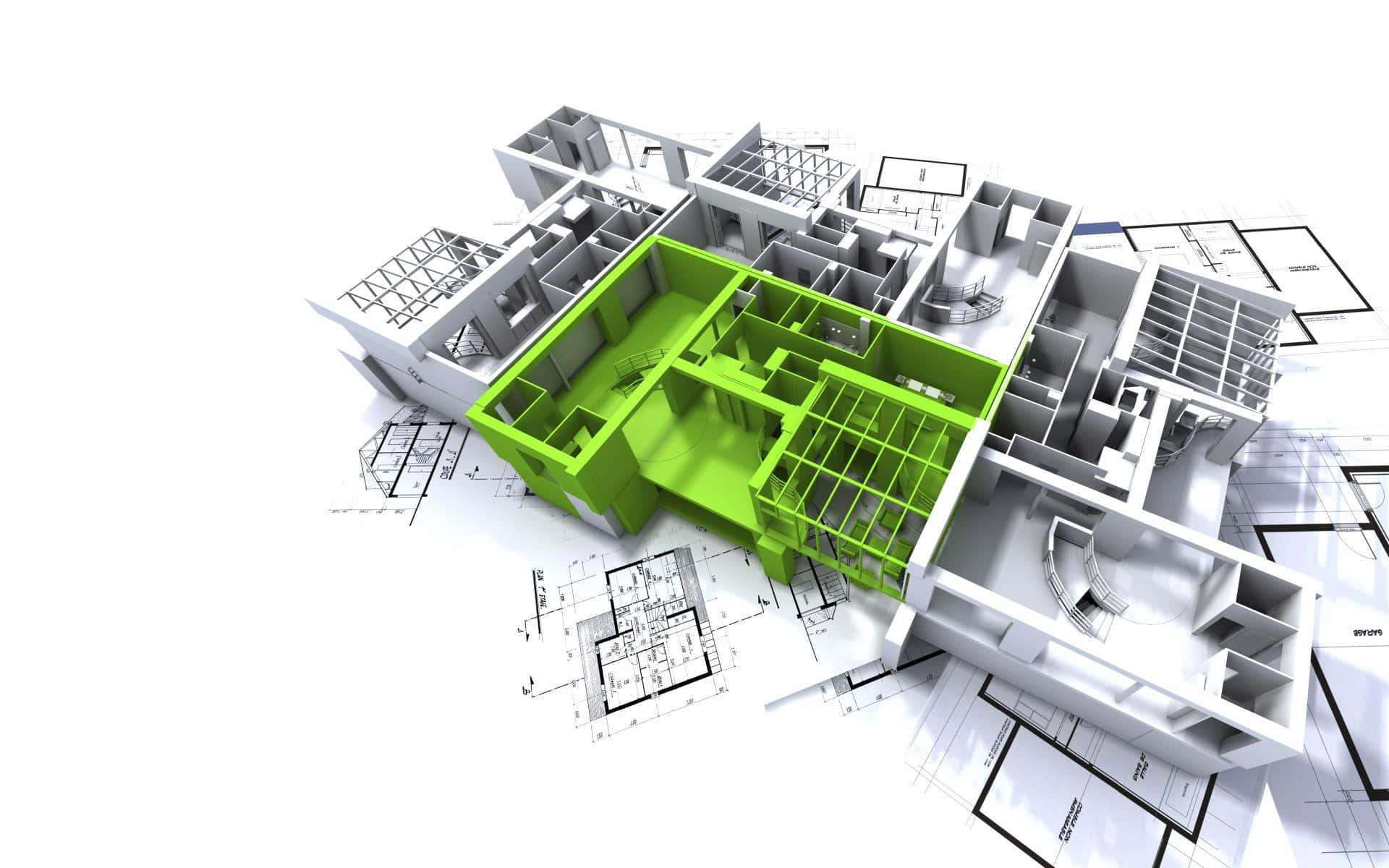 建築 桌布 壁紙 — 一個帶有鮮綠色核心的3D建築模型，放置在散落的藍圖上，背景為純白色。