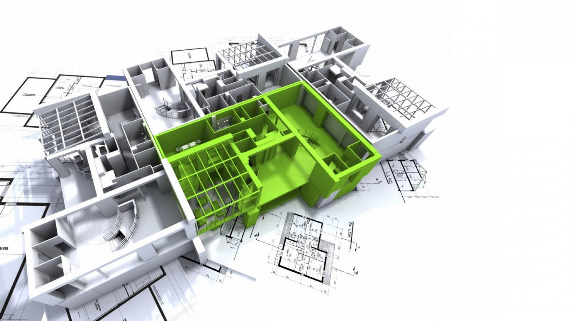 帶有綠色核心的3D建築模型，置於藍圖上 — 3D 桌面 GIF 壁紙