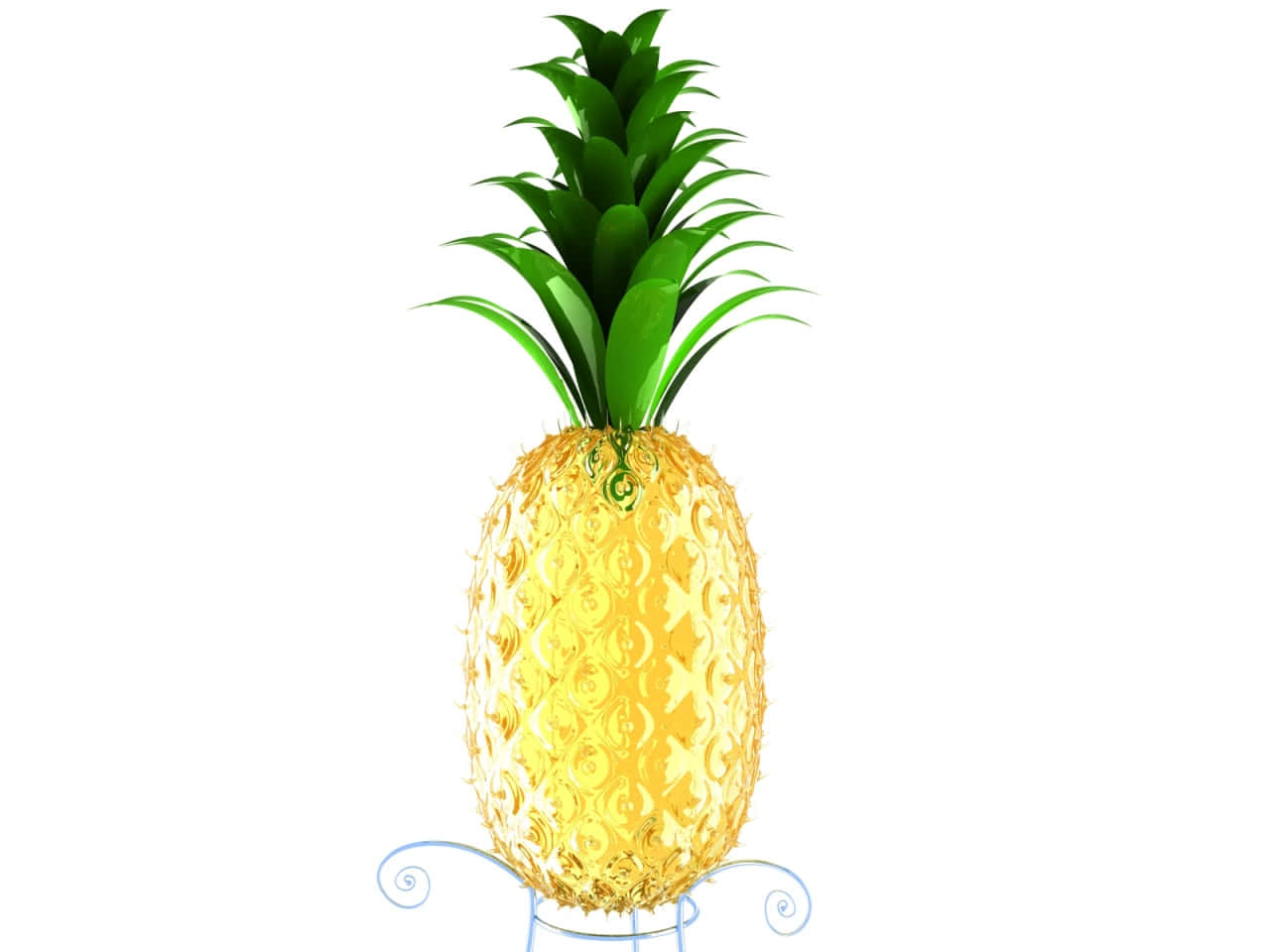 Pineapple Desktop 桌布 壁紙 — 一個帶有鮮綠色葉子的光澤金色鳳梨，放置在一個華麗的藍色支架上，背景是純白色。