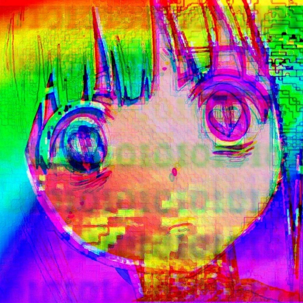 動漫 桌布 壁紙 — 一個帶有鮮豔彩虹色和像素化扭曲效果的故障藝術動漫女孩面孔。
