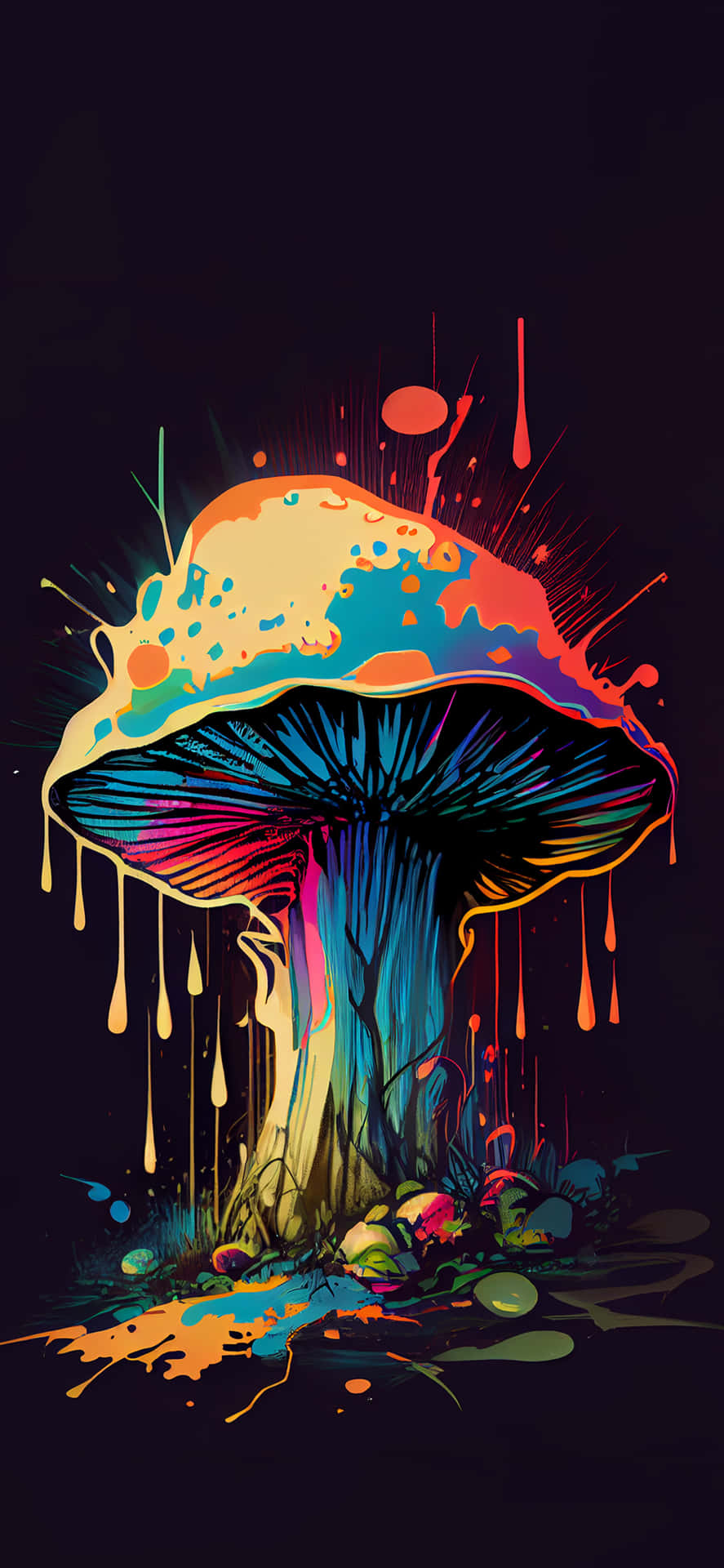 Trippy Mushroom 桌布 壁紙 — 一個帶有鮮豔滴落油漆色彩的迷幻蘑菇在黑暗背景下閃耀。