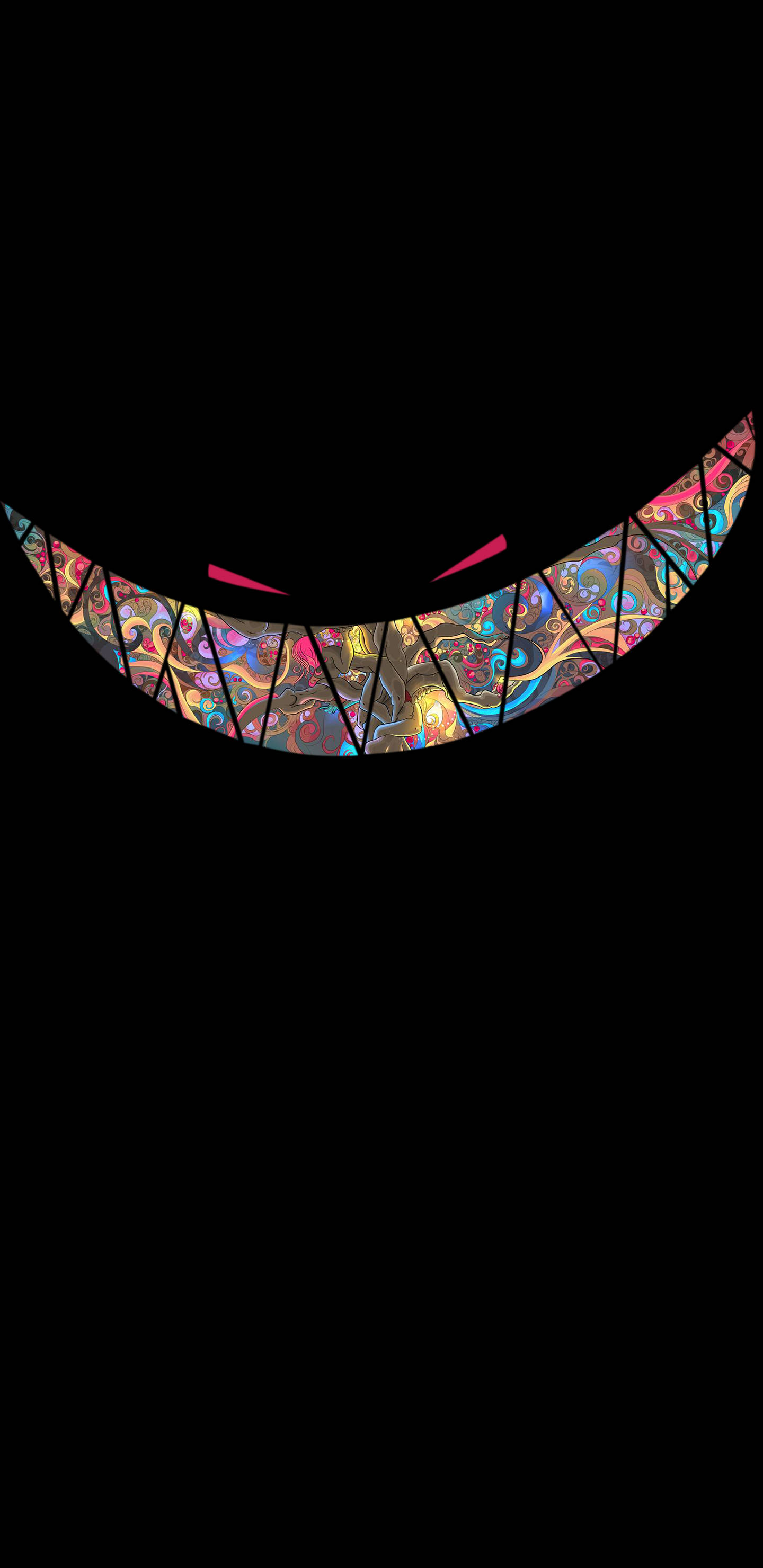AMOLED 桌布 壁紙 — 一個帶有鮮豔漩渦圖案和發光紅眼的威脅性抽象微笑，背景為黑色。