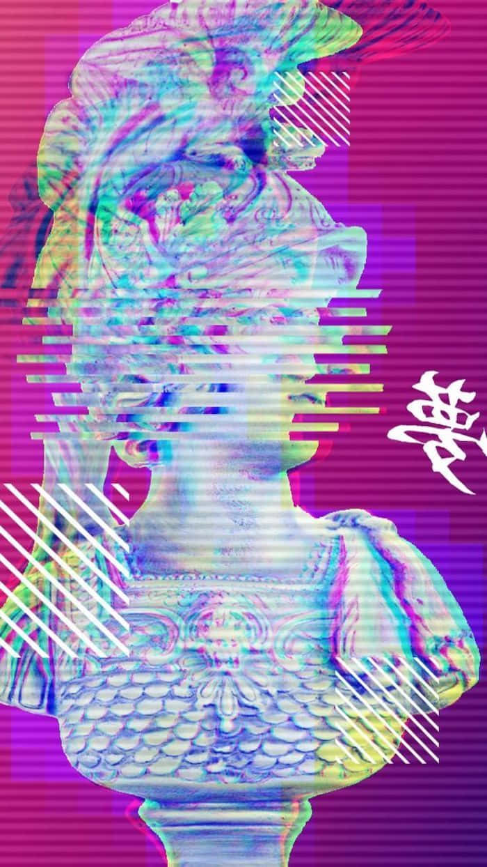 Aesthetic Purple 桌布 壁紙 — 一個帶有鮮豔霓虹色彩和數位扭曲的故障古典雕像半身像，背景為條紋紫色。