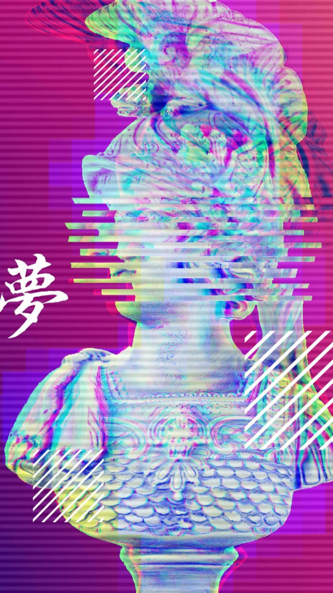 藝術 桌布 壁紙 — 一個帶有鮮豔霓虹色彩和日本漢字的故障古典半身像，背景為條紋紫色。