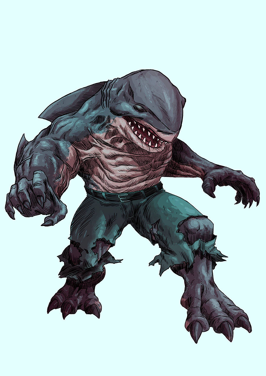King Shark 桌布 壁紙 — 一個帶有鯊魚頭、肌肉發達軀幹和利爪四肢的威脅性人形生物，站在淡藍色背景前。
