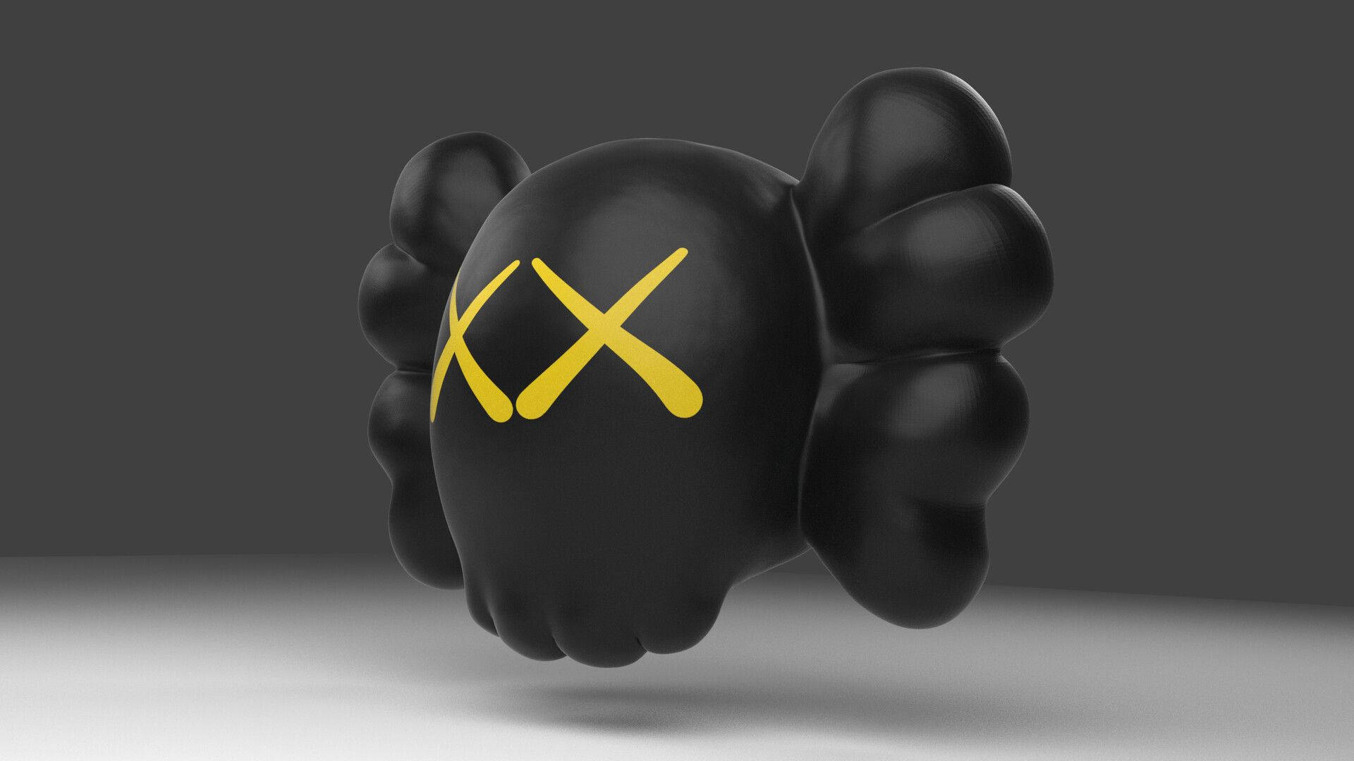 KAWS 桌布 壁紙 — 一個帶有黃色XX眼睛的光澤黑色KAWS Companion公仔漂浮在極簡灰色工作室背景上。