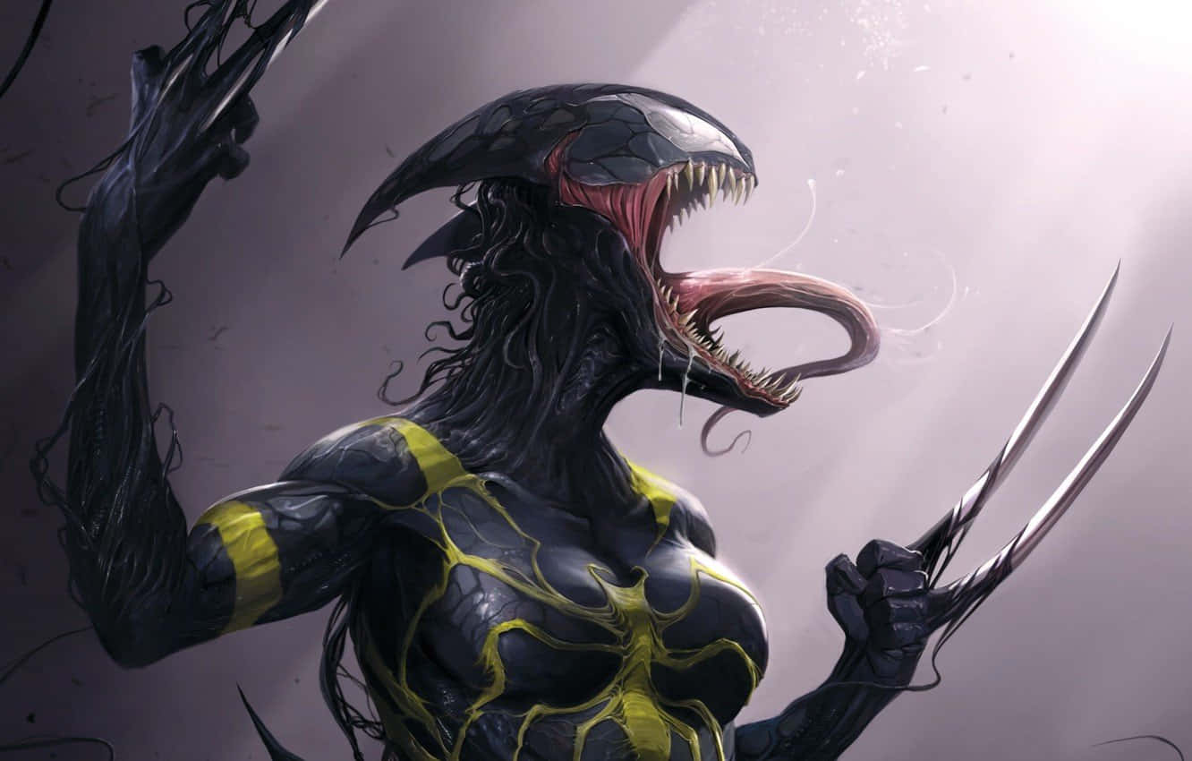 Venomverse 桌布 壁紙 — 一個帶有黃色共生體圖案的威脅性猛毒角色，在柔和灰色背景前揮舞著亞德曼合金爪咆哮。