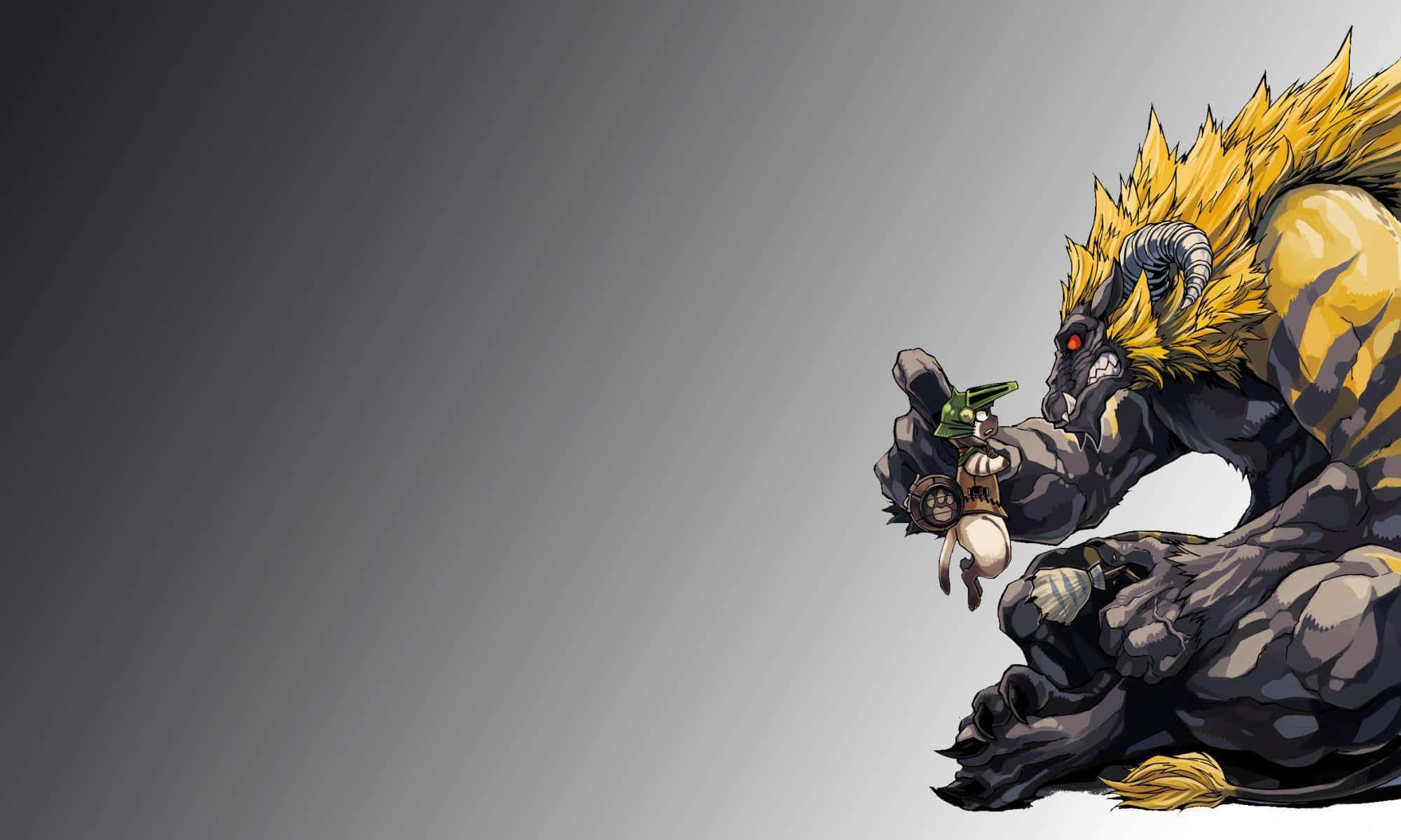 Monster Hunter Desktop 桌布 壁紙 — 一個帶有黃色毛髮、令人畏懼的羊頭怪物，雙眼發出紅光，用巨大的爪手抓住一個戴著綠色帽子的小人物，背景是漸變灰色。