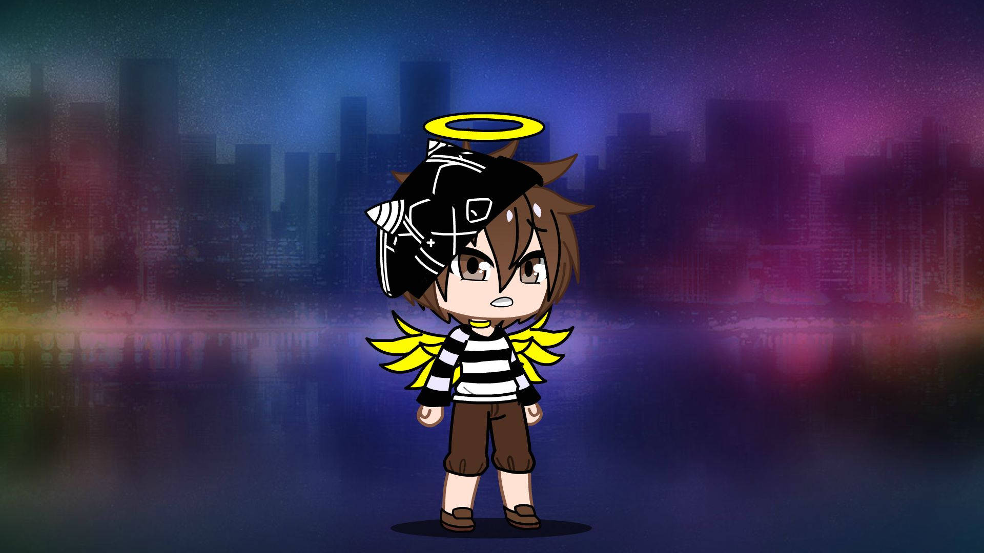 Chris Afton 桌布 壁紙 — 一個帶有黃色翅膀和光環的Q版動漫天使站在夜晚色彩繽紛模糊的城市天際線前。