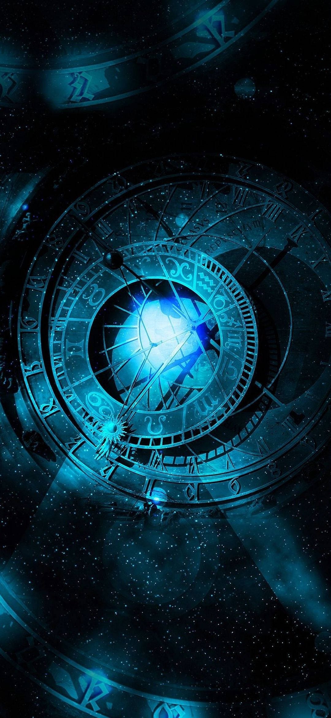 Stars 桌布 壁紙 — 一個帶有黃道十二宮符號的發光藍色天體時鐘漂浮在星光燦爛的宇宙虛空中。
