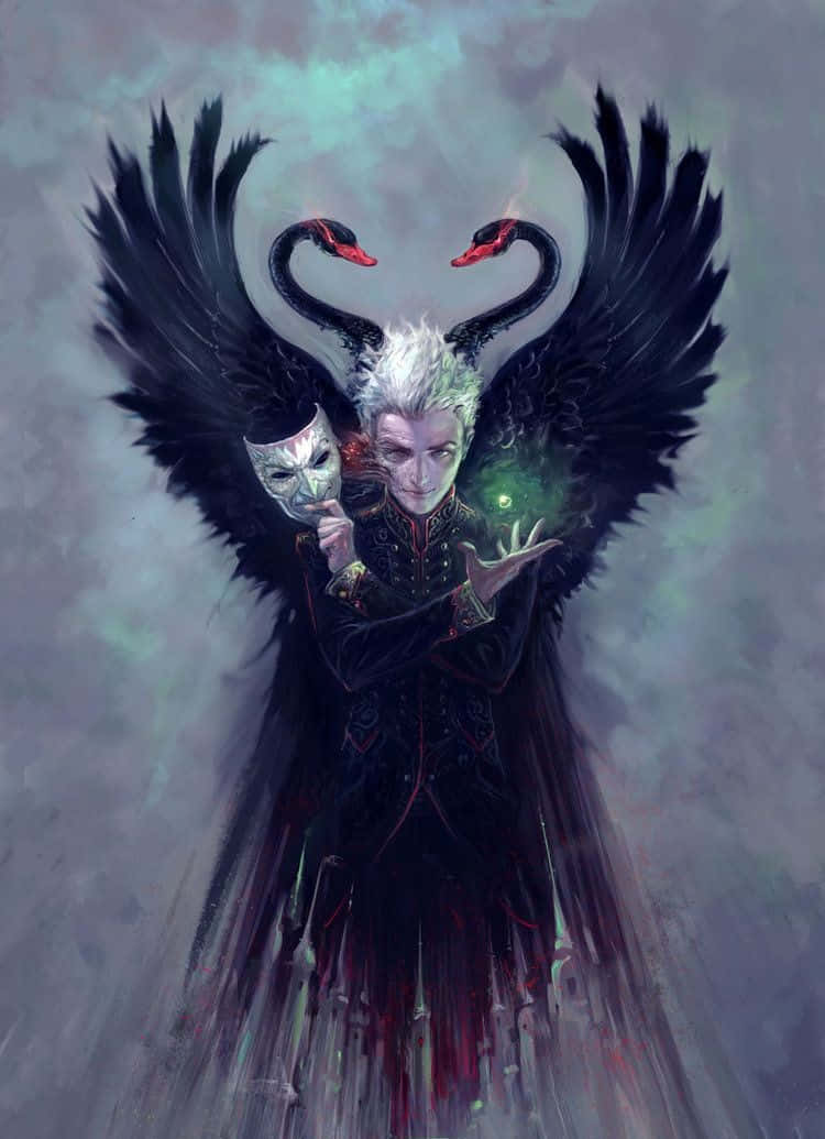 evil 桌布 壁紙 — 一個帶有黑天鵝翅膀和白髮的黑暗奇幻人物，手持面具，手中散發出綠色魔法光芒。