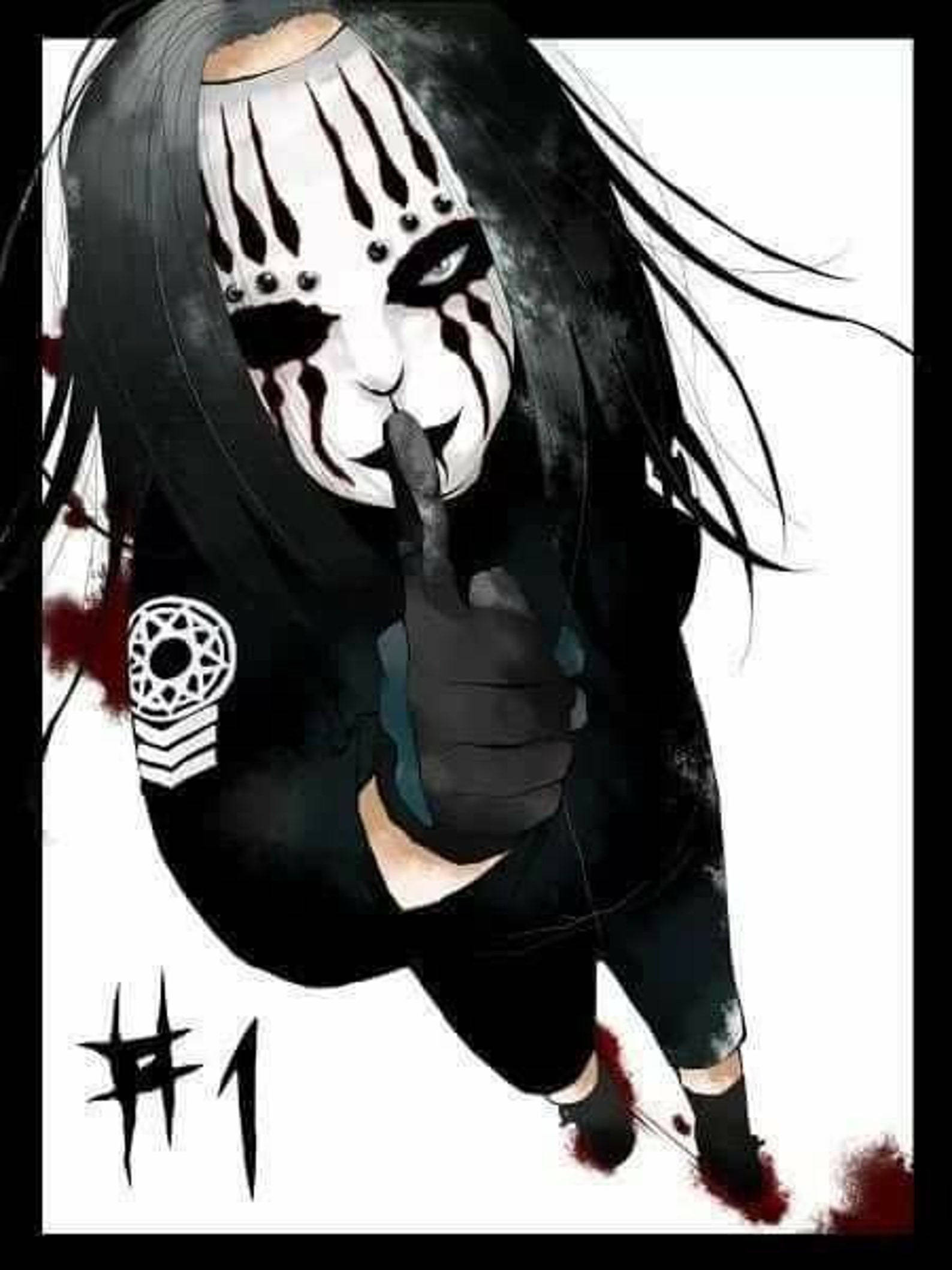 Joey Jordison 桌布 壁紙 — 一個帶有黑白臉部彩繪和長黑髮的威脅性動漫角色，將手指放在嘴唇上，同時血跡染污地面。
