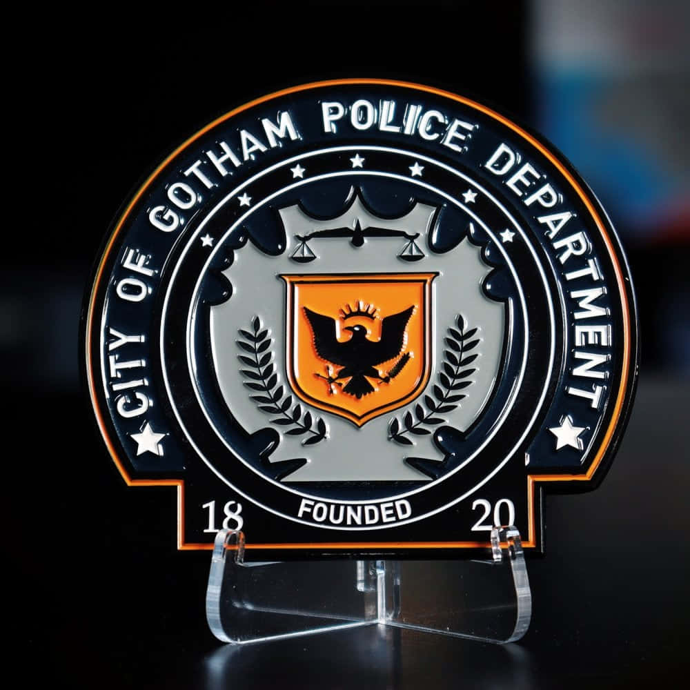 Gotham City Police Department 桌布 壁紙 — 一個帶有黑色、銀色和橙色點綴的光面高譚市警察局徽章，放置在透明壓克力支架上，背景為深色。