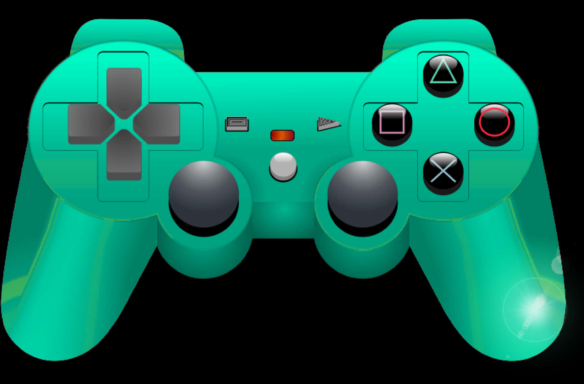 Controller 桌布 壁紙 — 一個帶有黑色按鈕和類比搖桿的光澤青綠色電玩控制器，背景為黑色。