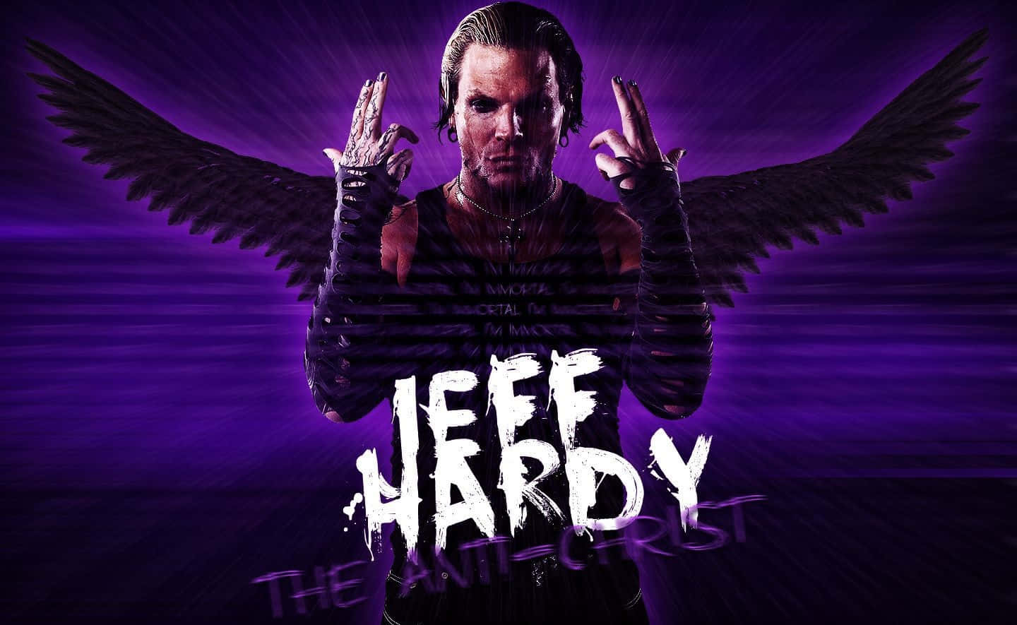摔角手 Jeff Hardy 在紫色背景前，帶有黑色翅膀和紋身。 — Michael B Jordan 壁紙