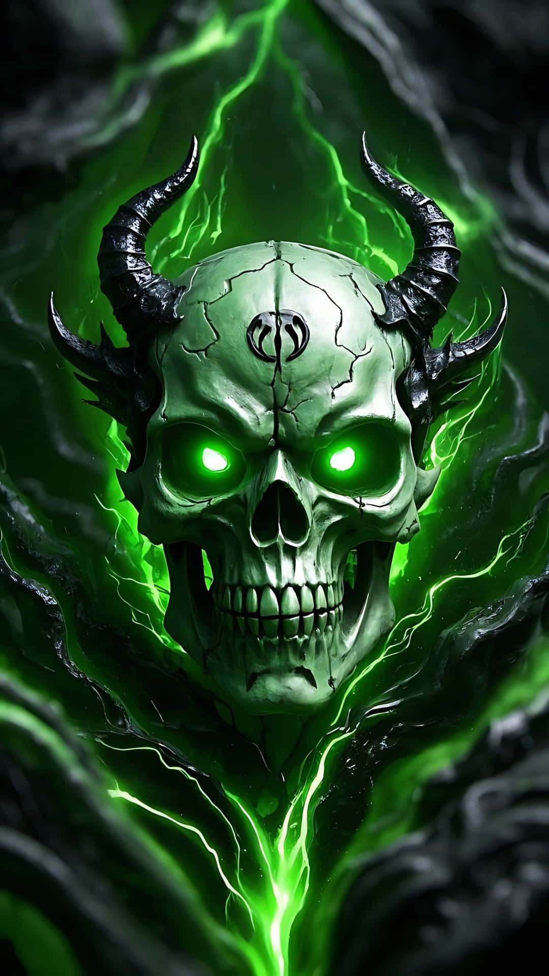 Demonic Skull with Possessed Aura. ghost wallpaper 壁紙 — 一個帶有黑色角和發光眼睛的威脅性綠色頭骨，從噼啪作響的綠色能量中浮現，背景為黑暗。