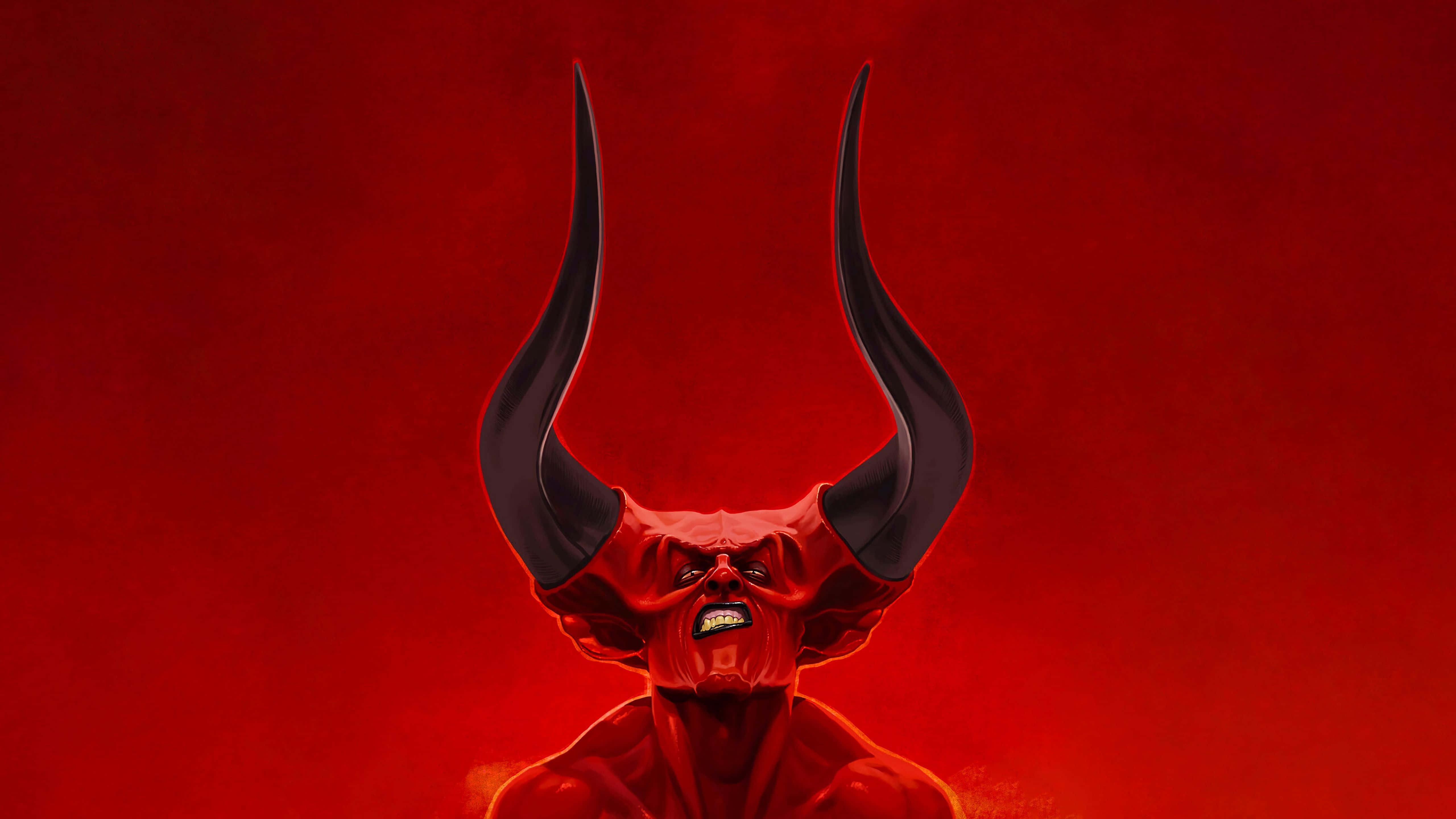 Devil Horns 桌布 壁紙 — 一個帶有黑色角的威脅性紅色惡魔在熾熱的深紅色背景下咆哮。