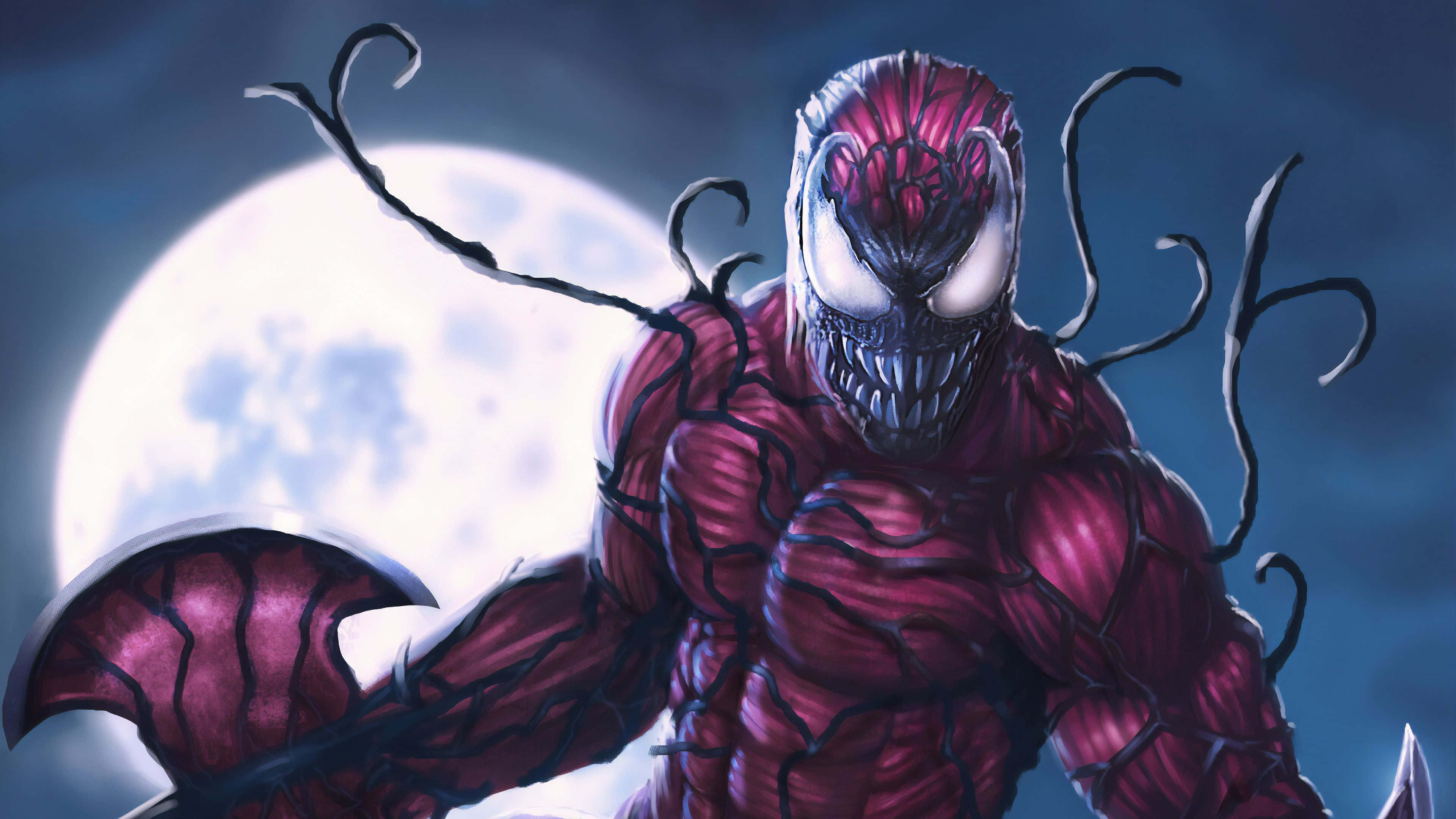 Spider Carnage 桌布 壁紙 — 一個帶有黑色觸手的威脅性紅色共生生物，站在深藍色天空中發光的滿月前。