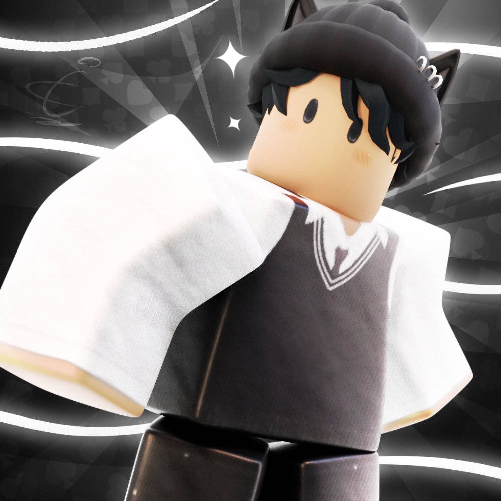 Roblox 桌布 壁紙 — 一個帶有黑色貓耳和校服的Roblox角色站在一個帶有發光線條的動態黑白抽象背景前。