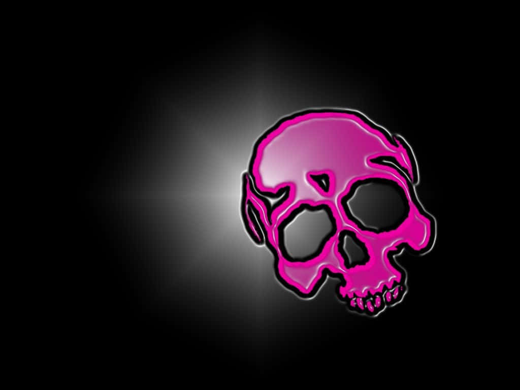 Pink Skull 桌布 壁紙 — 一個帶有黑色輪廓的光澤粉紅色骷髏頭在黑暗背景中發光，帶有柔和的光暈。