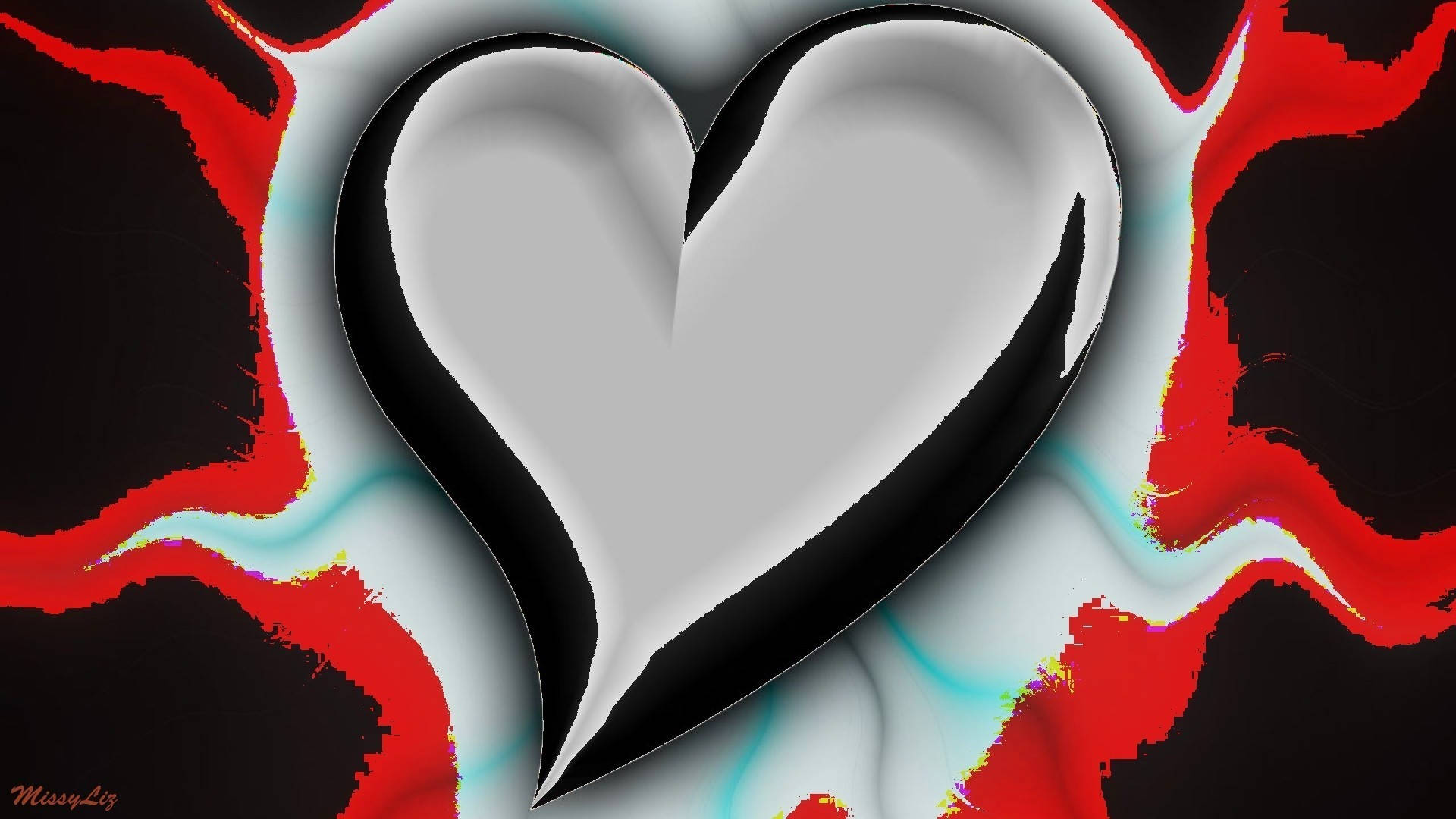 Heartbeat 桌布 壁紙 — 一個帶有黑色輪廓的時尚銀色心形在深色背景上漂浮在充滿活力的紅色和青色抽象漩渦中。