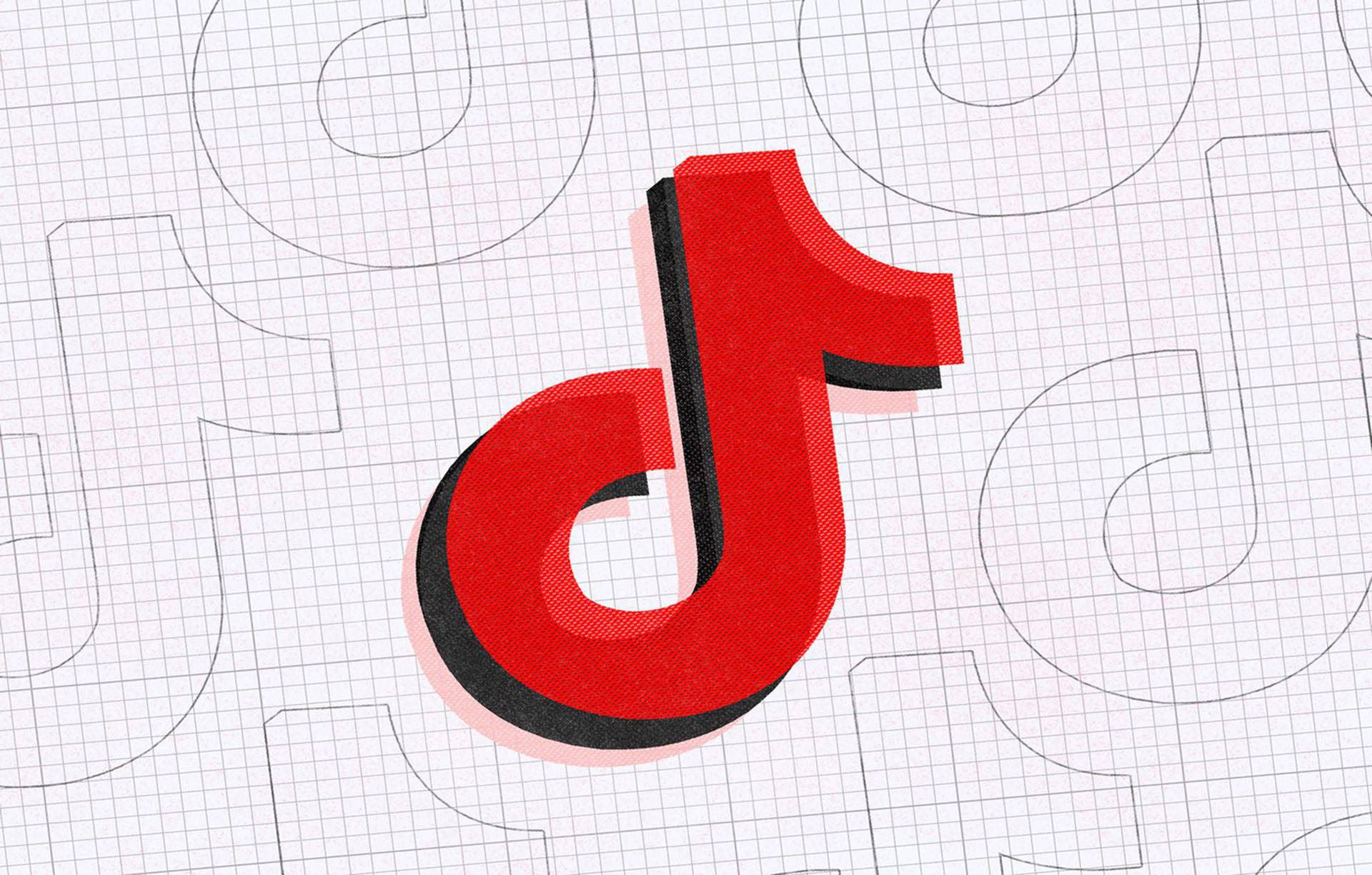 TikTok 動圖 桌布 壁紙 — 一個帶有黑色輪廓的醒目紅色TikTok標誌，位於帶有模糊輪廓標誌的網格背景上。