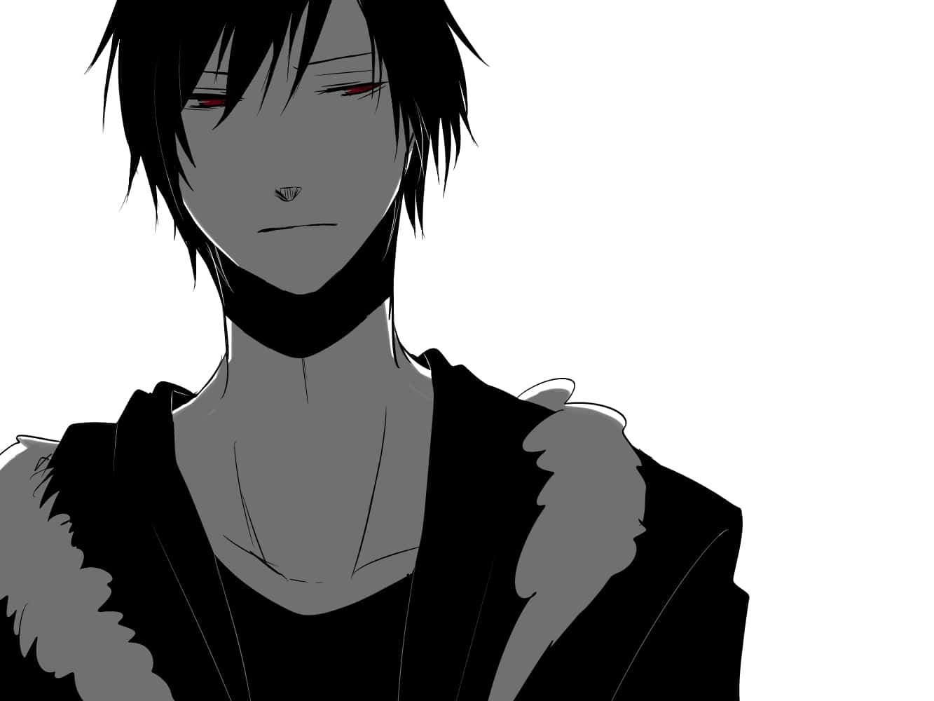 Izaya Orihara 桌布 壁紙 — 一個帶有黑色頭髮和紅色眼睛的陰鬱動漫角色，在純白色背景上茫然地凝視。
