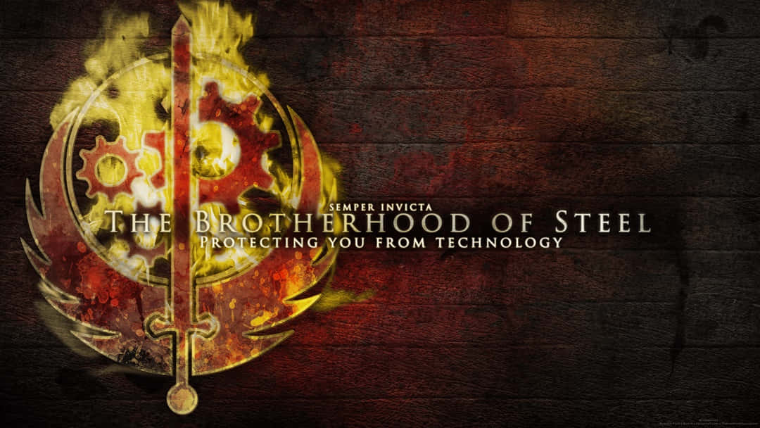 Fallout Brotherhood Of Steel 桌布 壁紙 — 一個帶有齒輪和翅膀的熾熱發光劍徽章，置於深色木紋背景上，並配有粗體文字。