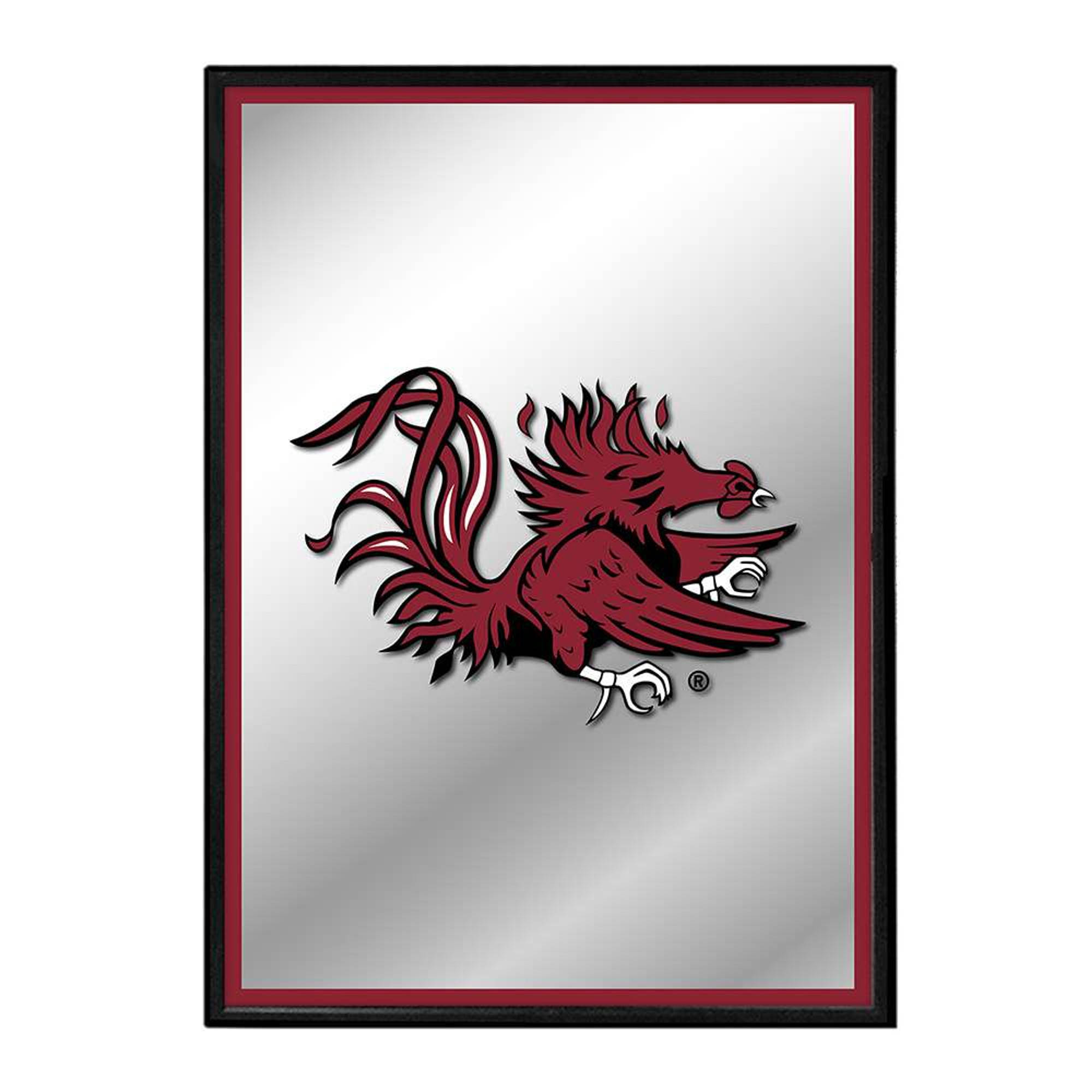 South Carolina Gamecocks 桌布 壁紙 — 一個帶框的鏡子展示了一個大膽的深紅色公雞吉祥物標誌，背景是銀色反光。