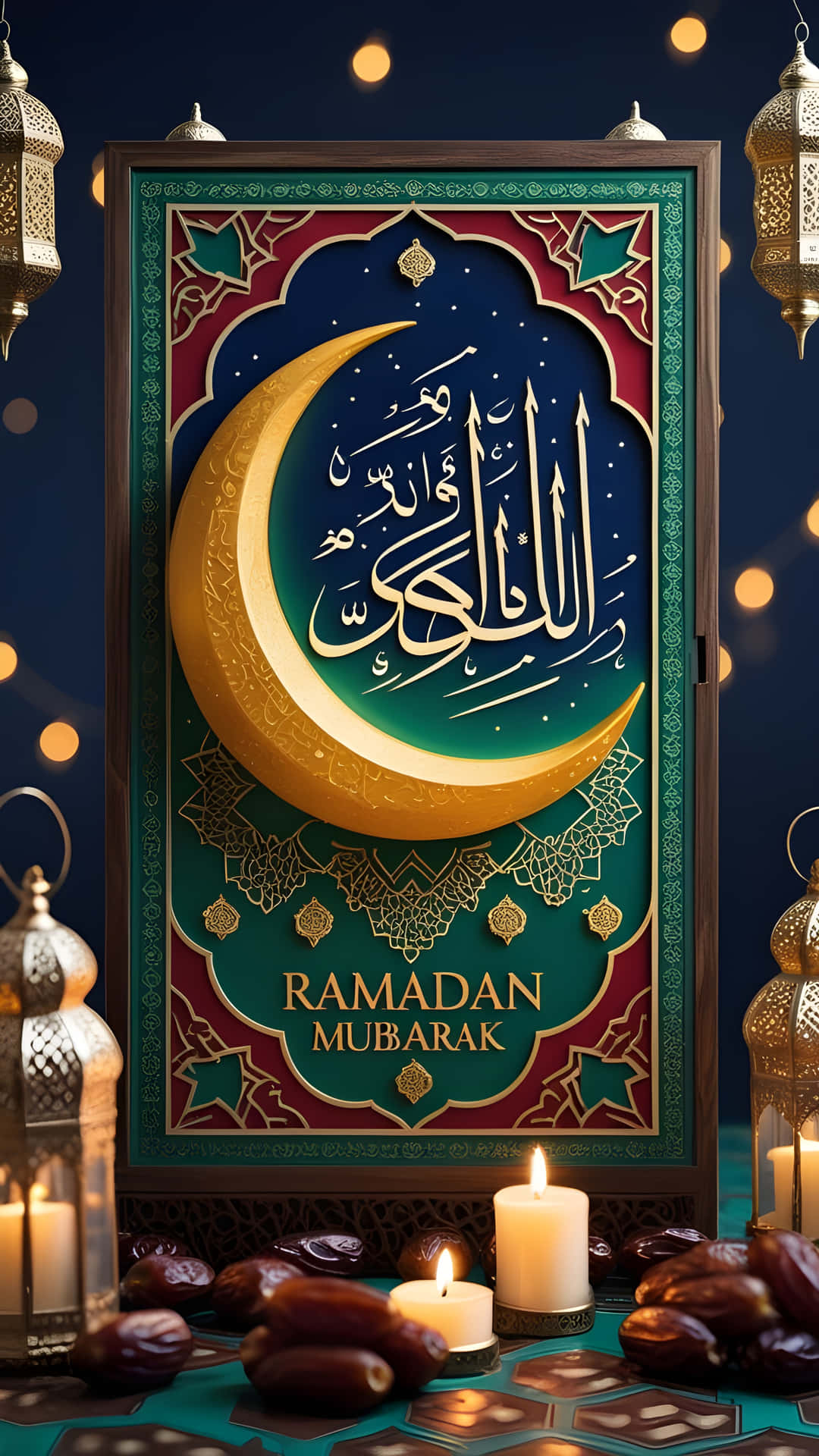 Ramadan Mubarak 壁紙 — 一個帶框的齋月穆巴拉克海報，金色新月和阿拉伯書法在星空背景下，周圍是發光的燈籠和點燃的蠟燭，放在有圖案的桌子上，還有椰棗。