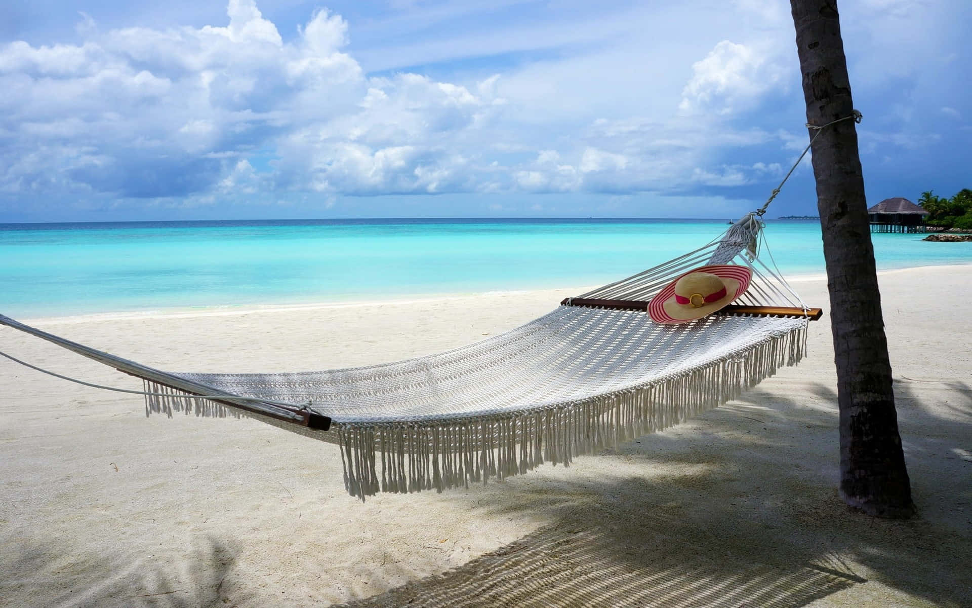 Summer Beach 桌布 壁紙 — 一個帶流蘇的白色吊床懸掛在棕櫚樹之間，位於純淨的白色沙灘上，俯瞰著在部分多雲的天空下的碧綠海洋。