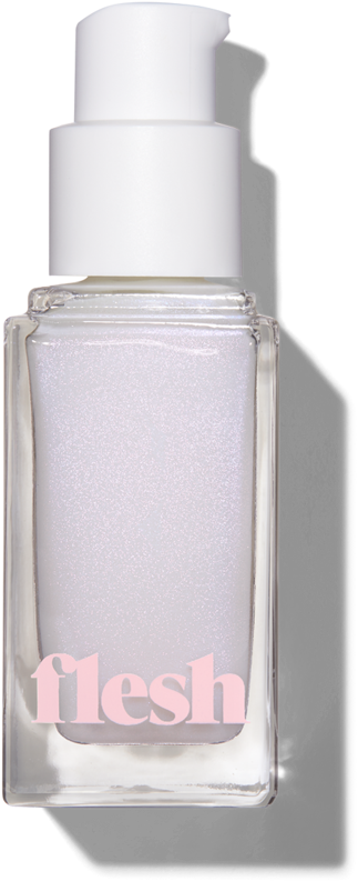Cosmetics Products 桌布 壁紙 — 一個帶白色泵頭的透明玻璃瓶，裝著閃爍的淡粉紅色液體，標籤為 'flesh'，置於純黑色背景上。