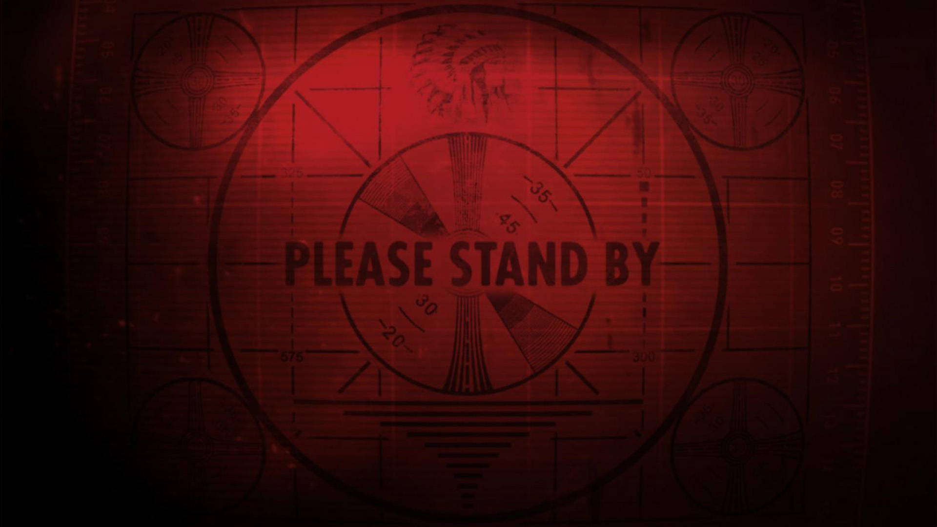 please 桌布 壁紙 — 一個帶紅色調的雷達螢幕顯示「PLEASE STAND BY」，並帶有部落頭飾和角形網格線。