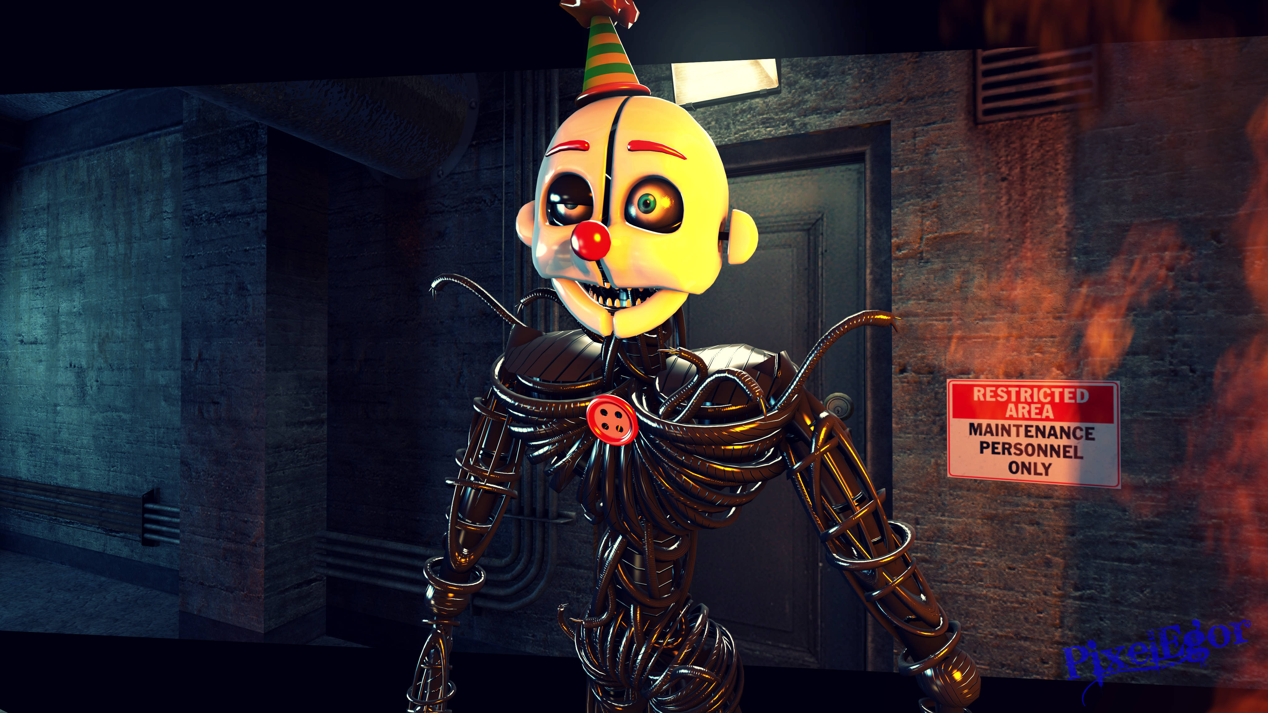 Ennard 桌布 壁紙 — 一個帶紅鼻子和條紋帽子的威脅性電子動畫小丑，站在光線昏暗的工業走廊中，靠近一個限制區域標誌。