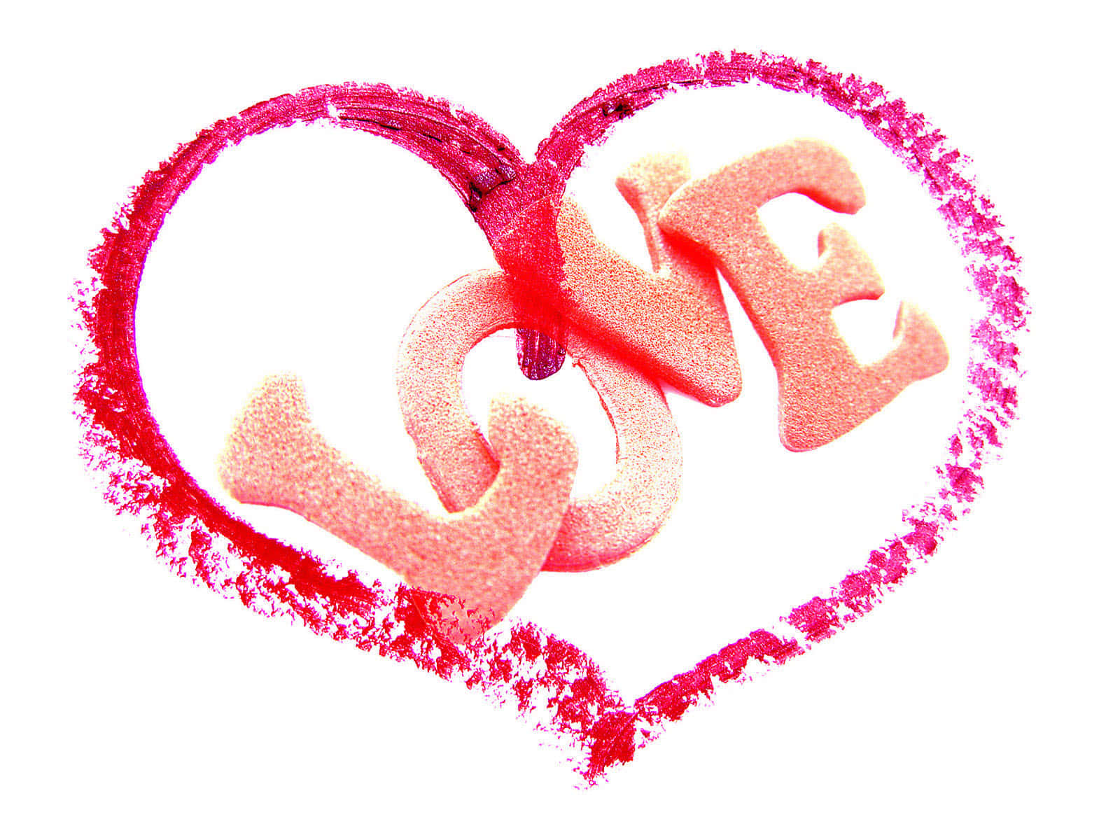 3d Love 桌布 壁紙 — 一個帶紋理的粉紅色心形輪廓，在純白背景上以凸起字母環繞著LOVE一詞。