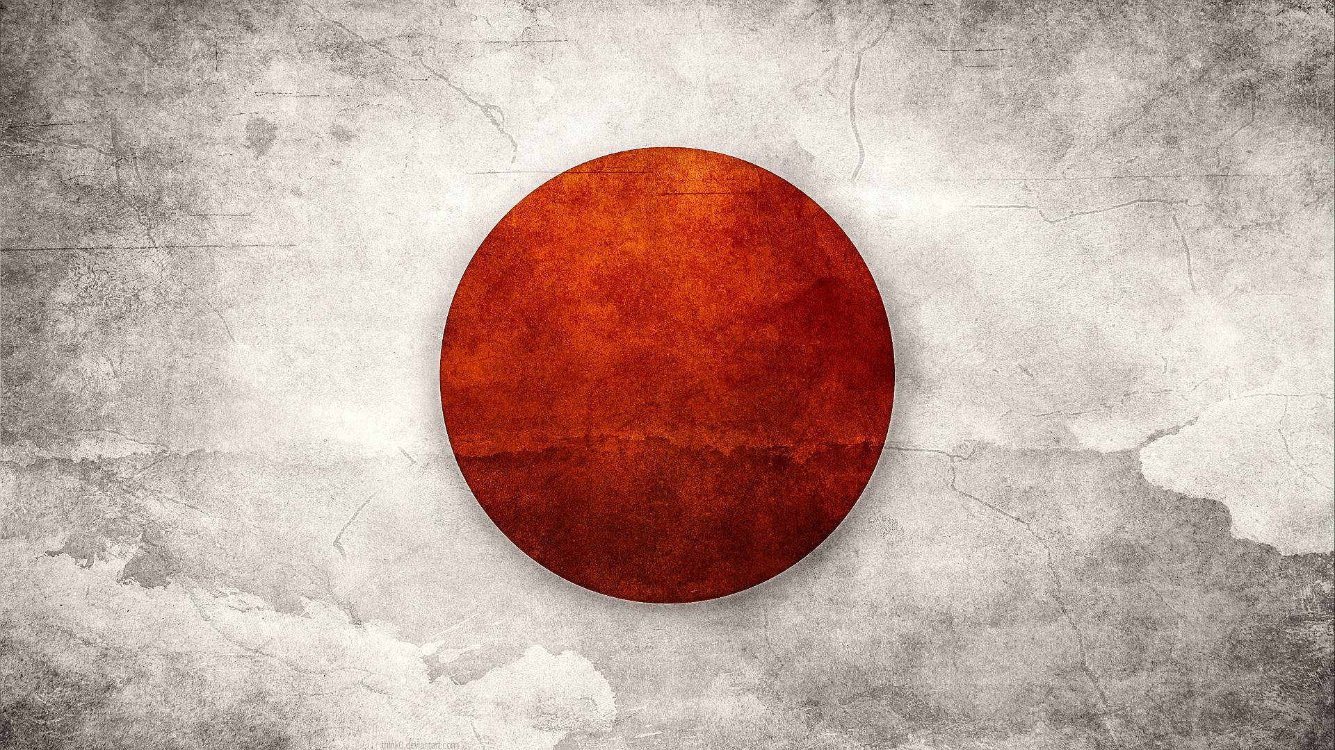 日本 桌布 壁紙 — 一個帶紋理的鏽橙色圓形，居中於風化的灰色混凝土背景上，帶有裂縫和污漬。