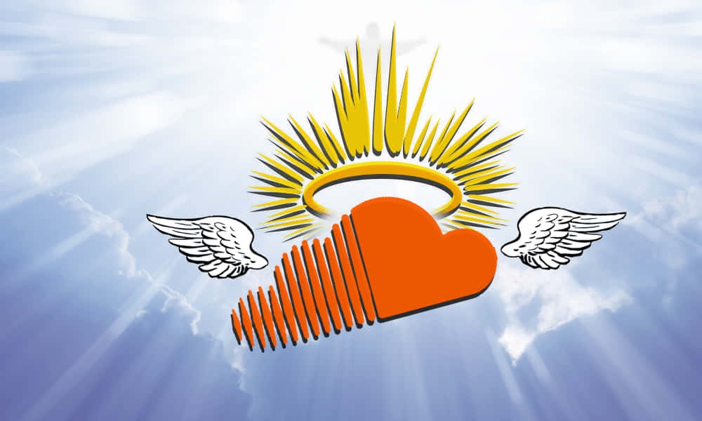 Soundcloud 桌布 壁紙 — 一個帶翅膀和金色光環的橙色心臟在陽光明媚的藍天中翱翔。