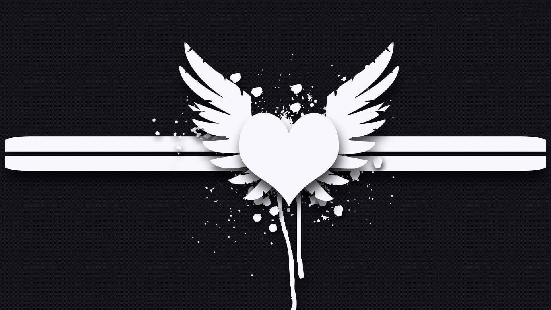 Angel Wings 桌布 壁紙 — 一個帶翅膀的純白心臟衝破一條水平條紋，背景是帶有飛濺效果的紋理黑色背景。