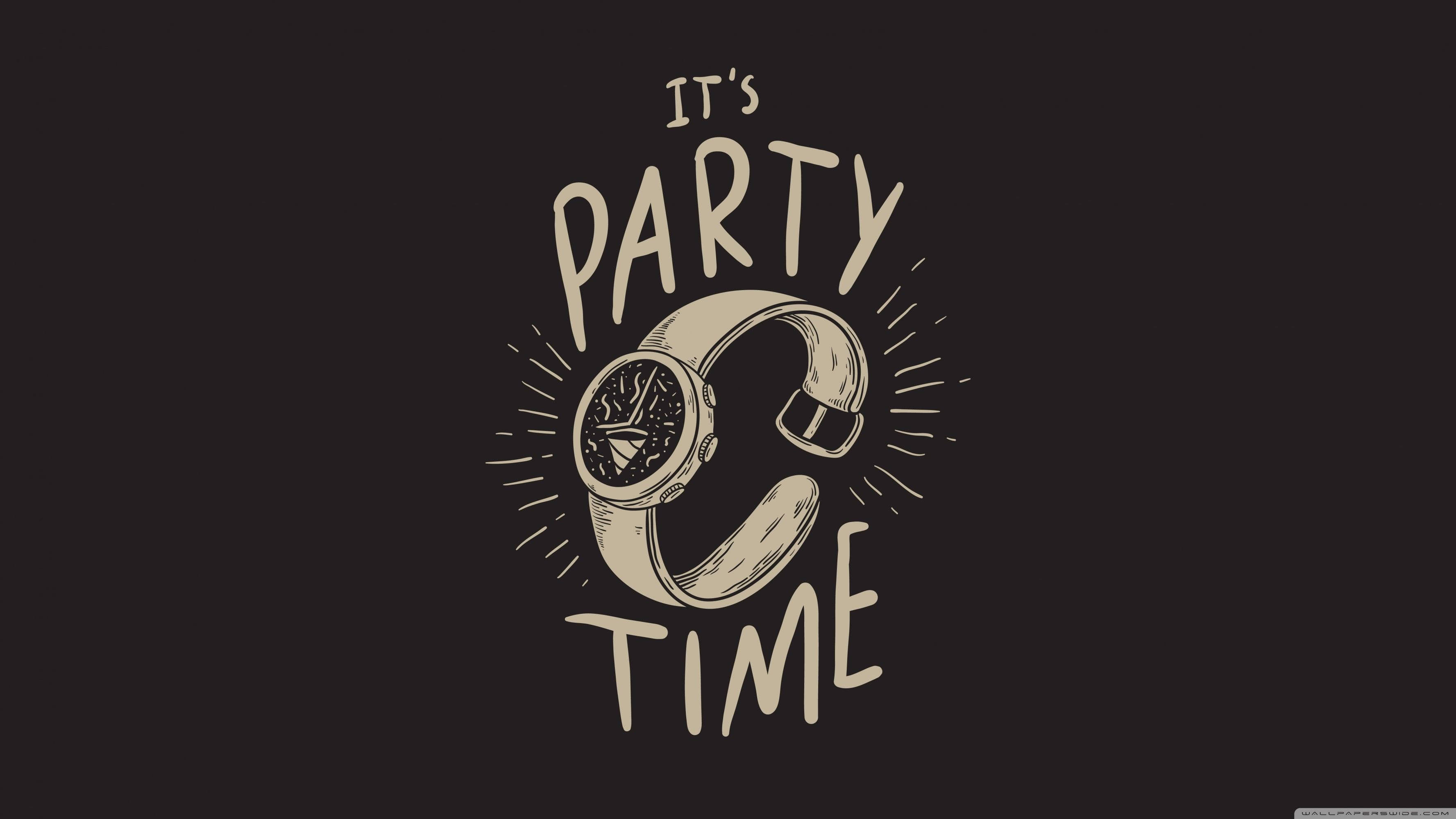 派對 桌布 壁紙 — 一個帶耳機的時尚手錶，在「IT'S PARTY TIME」文字周圍形成「C」形，採用復古插圖風格。
