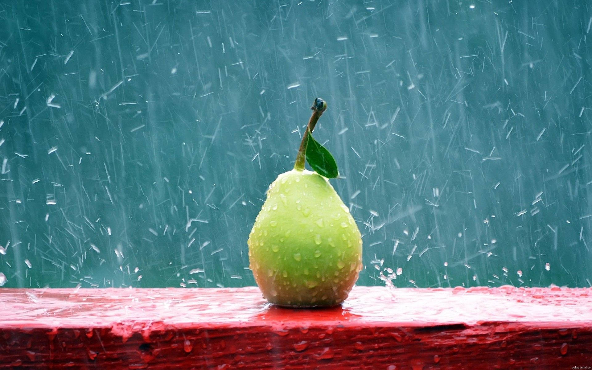 Raining 桌布 壁紙 — 一個帶葉的綠色梨子放在紅色邊緣上，雨滴濺落在青綠色背景上。