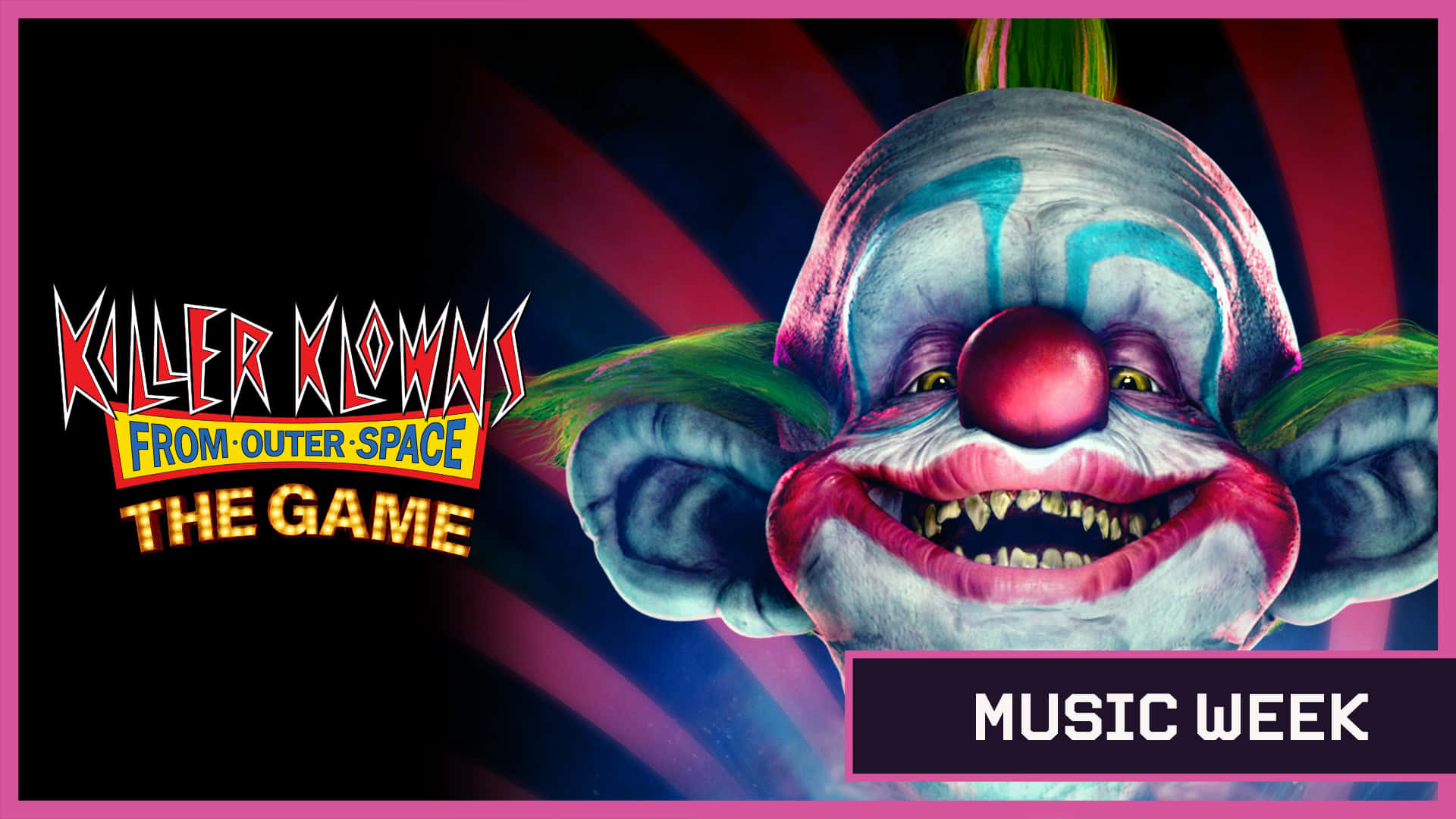killer klowns from outer space 桌布 壁紙 — 一個帶著寬闊笑容和尖銳牙齒的威脅性小丑，在旋轉的紅色和黑色背景前直視前方。