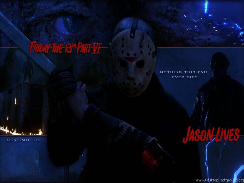 jason 桌布 壁紙 — 一個帶著標誌性曲棍球面具的威脅性傑森·沃赫斯，在詭異的藍色燈光下拿著砍刀，眼睛發光，背景有閃電。