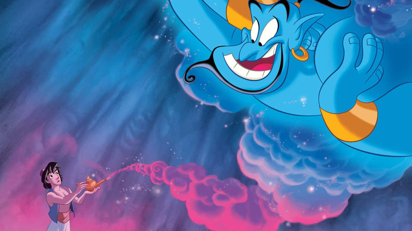Genie 桌布 壁紙 — 一個帶著橙色點綴的快樂藍色精靈從神燈中迸發出來，而一位年輕女子正高舉神燈，背景是旋轉的宇宙。